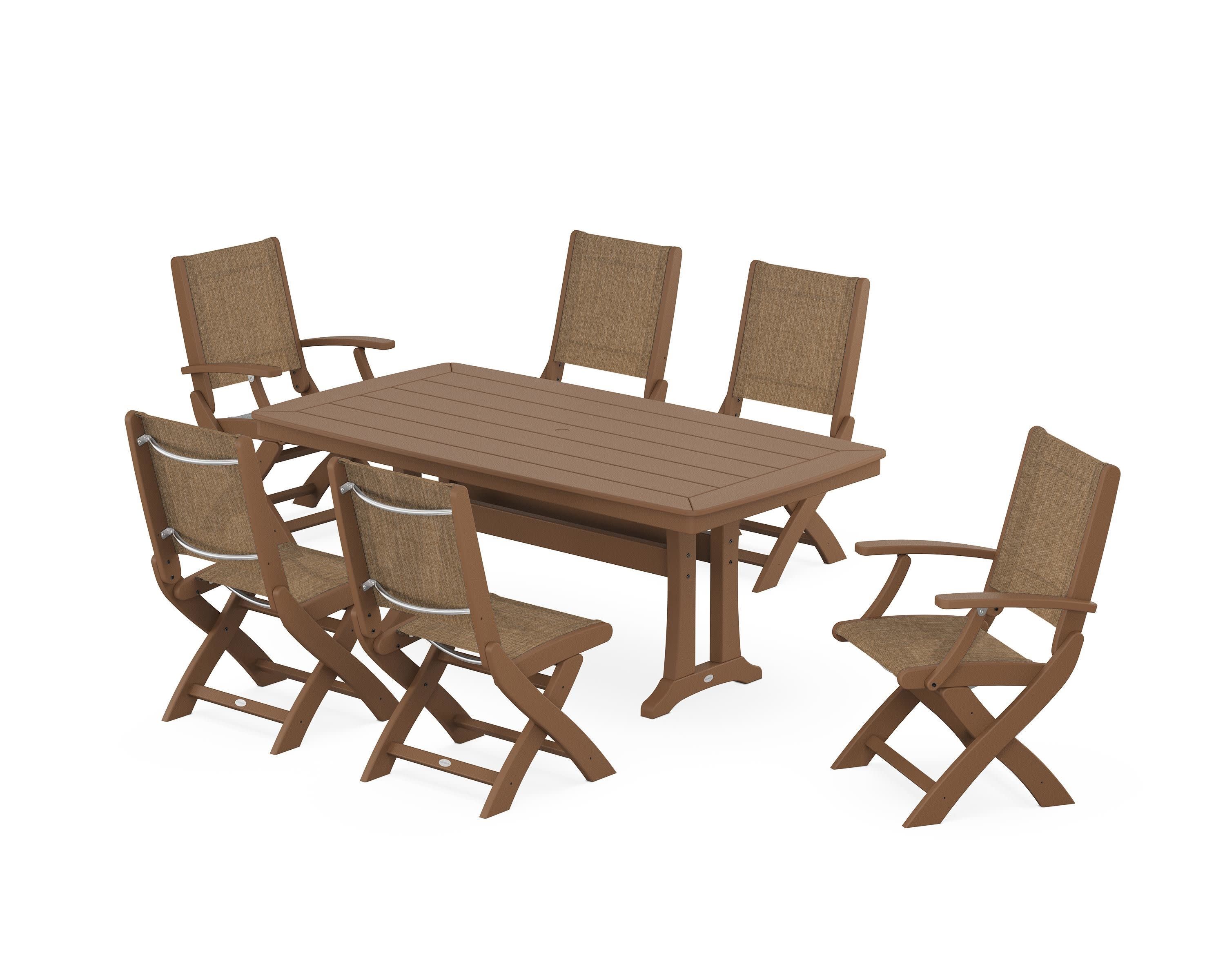 Coastal Folding Chair 7-Piece Dining Set with Trestle Legs in Teak / Burlap Sling