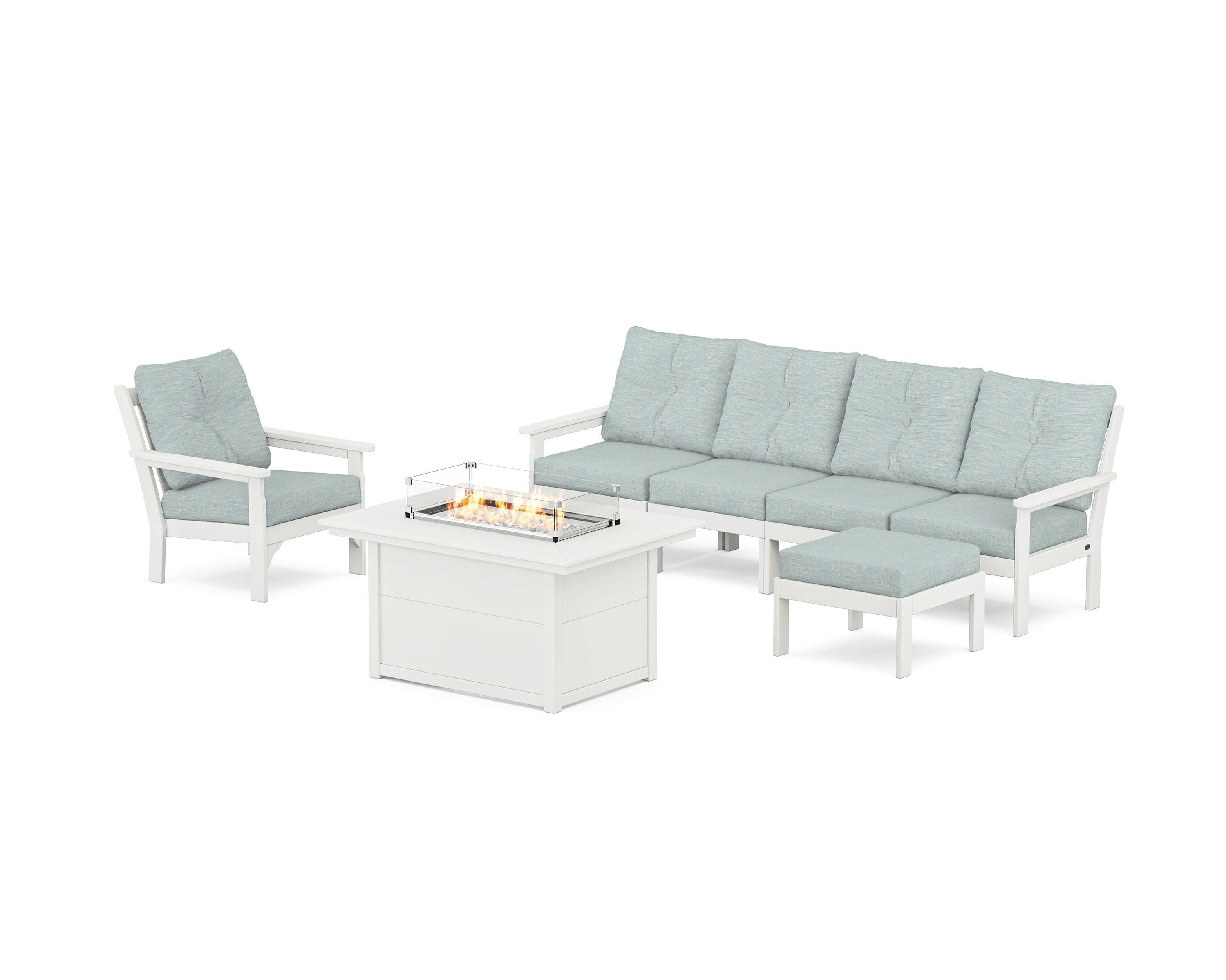 Vineyard Sectional Lounge and Fire Pit Set in Vintage White / Soothe Mist