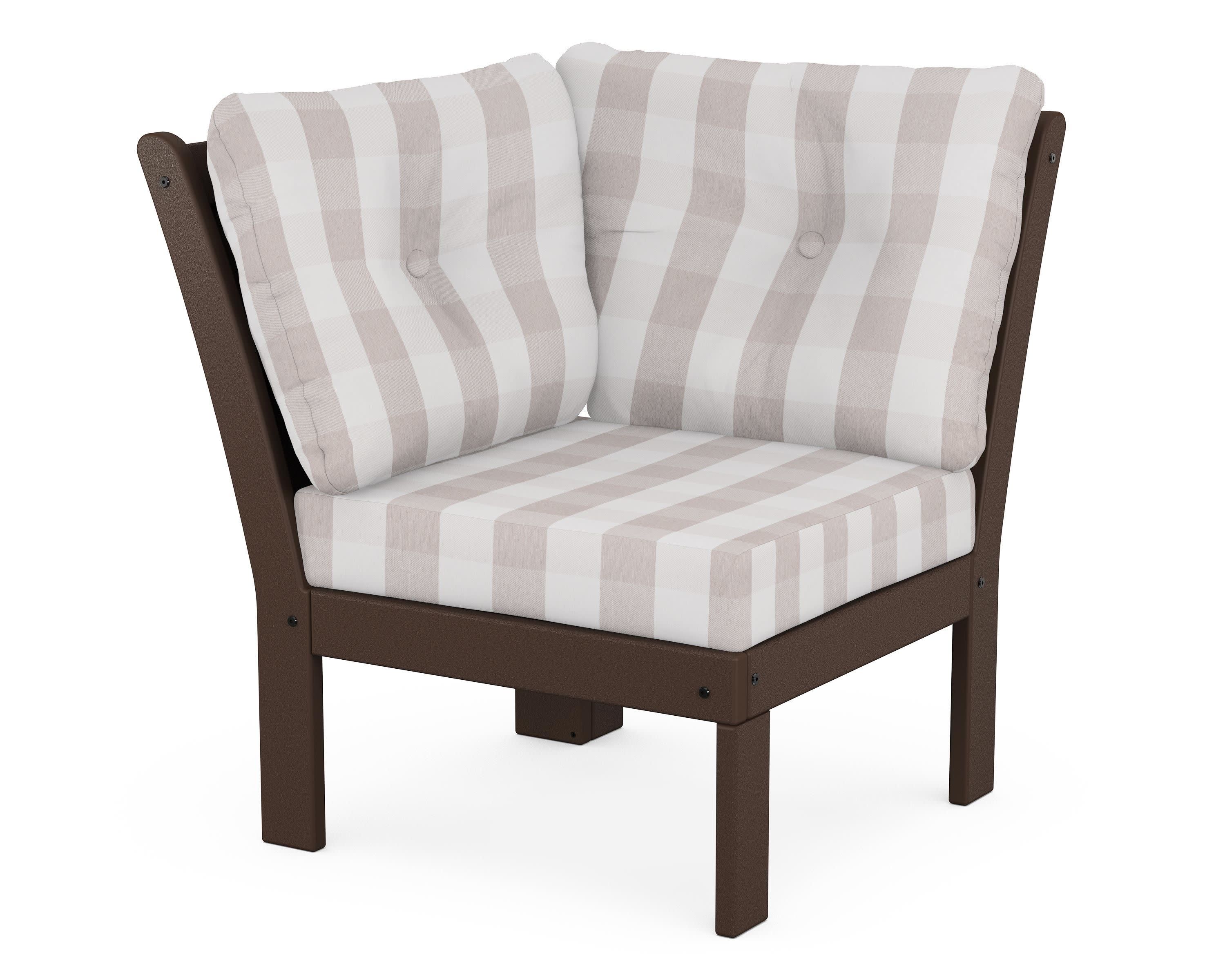 Vineyard Modular Corner Chair in Mahogany / Buffalo Plaid Dune Burlap