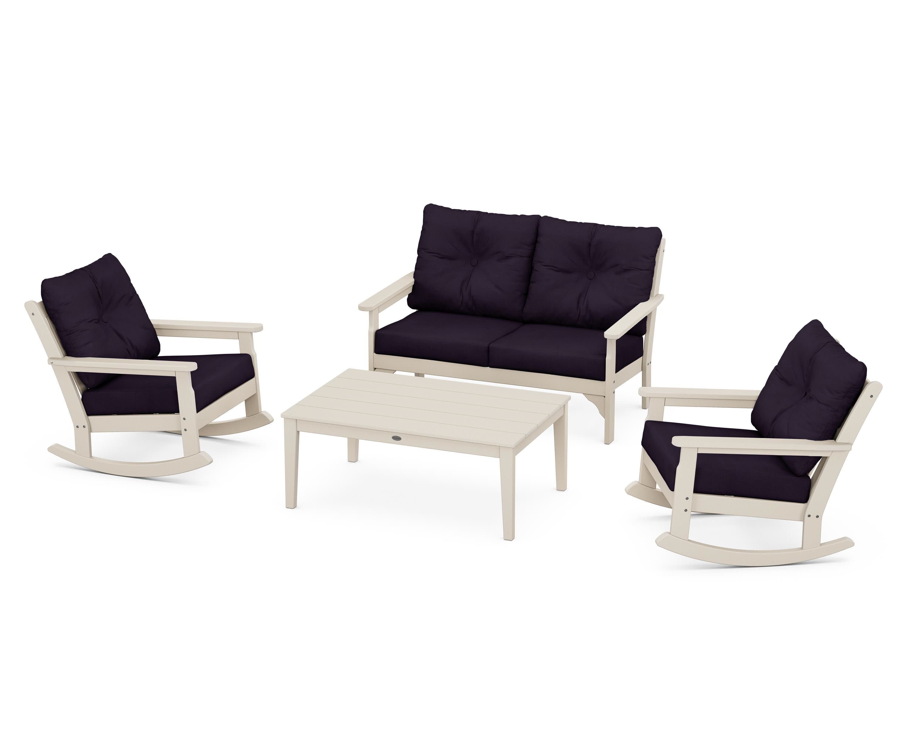 Vineyard 4-Piece Deep Seating Rocking Chair Set in Sand / Navy Linen