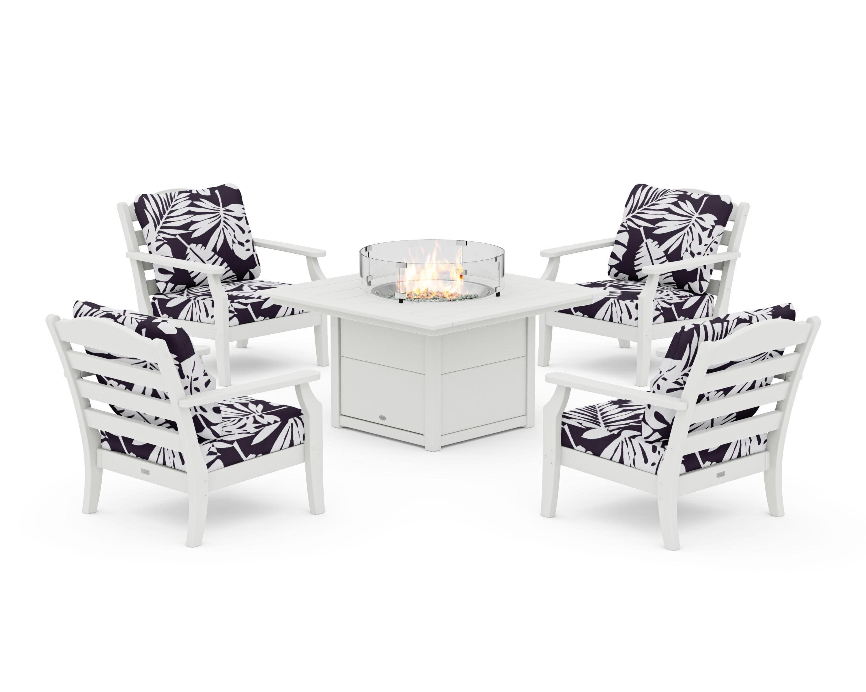 Savannah 5-Piece Deep Seating Set with Fire Pit Table in Vintage White / Leaf Navy