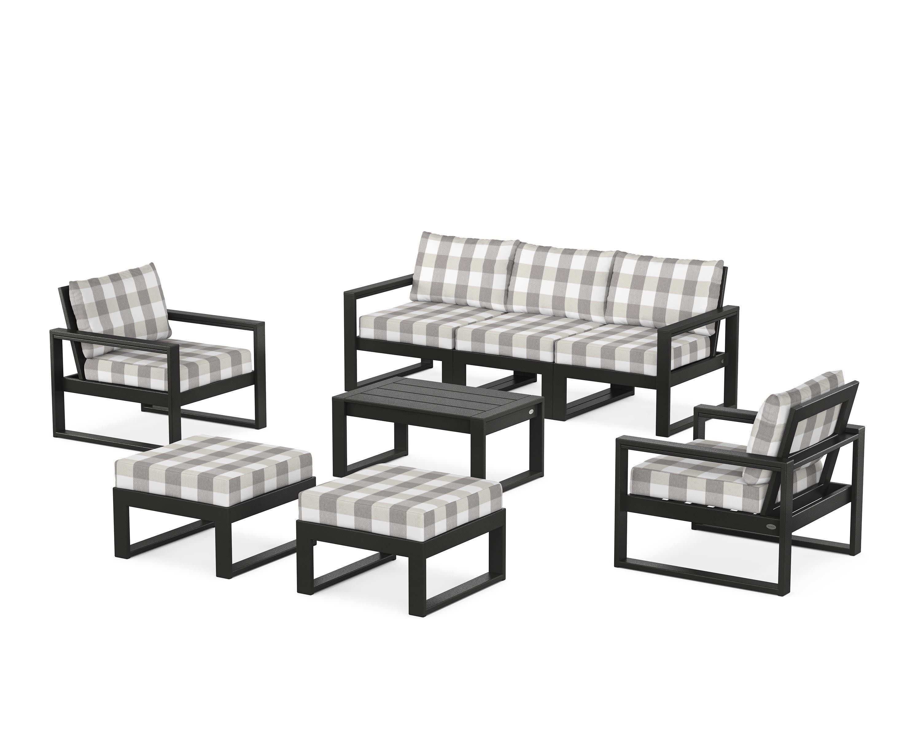 EDGE Sectional 8-Piece Lounge Sofa Set in Black / Buffalo Plaid Grey Mist