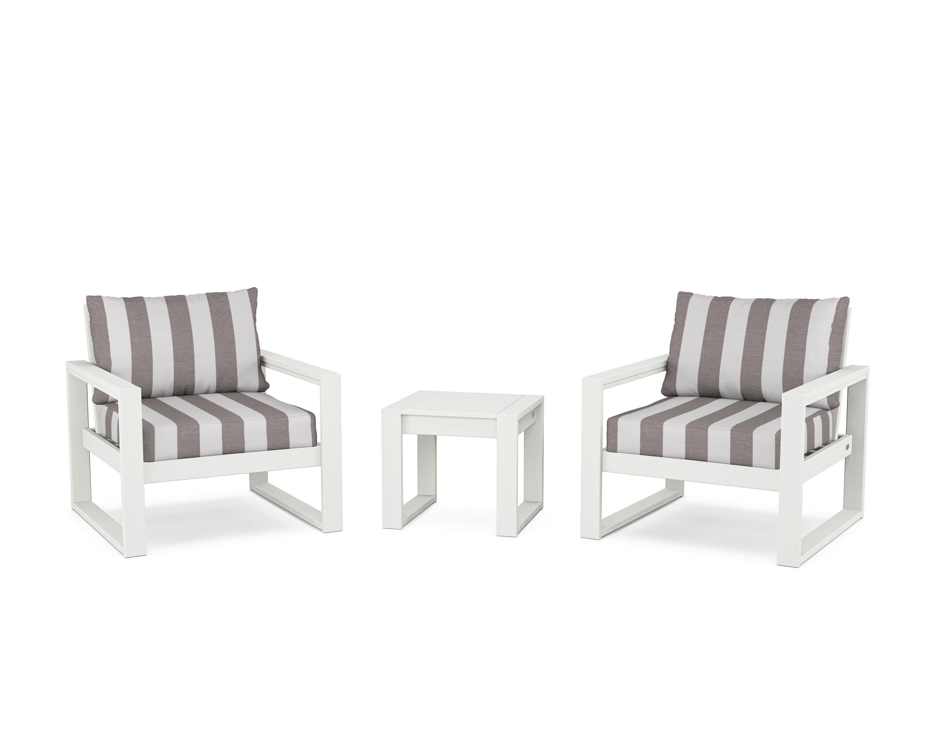 EDGE Sectional 3-Piece Deep Seating Set in Vintage White / Cabana Stripe Grey Mist
