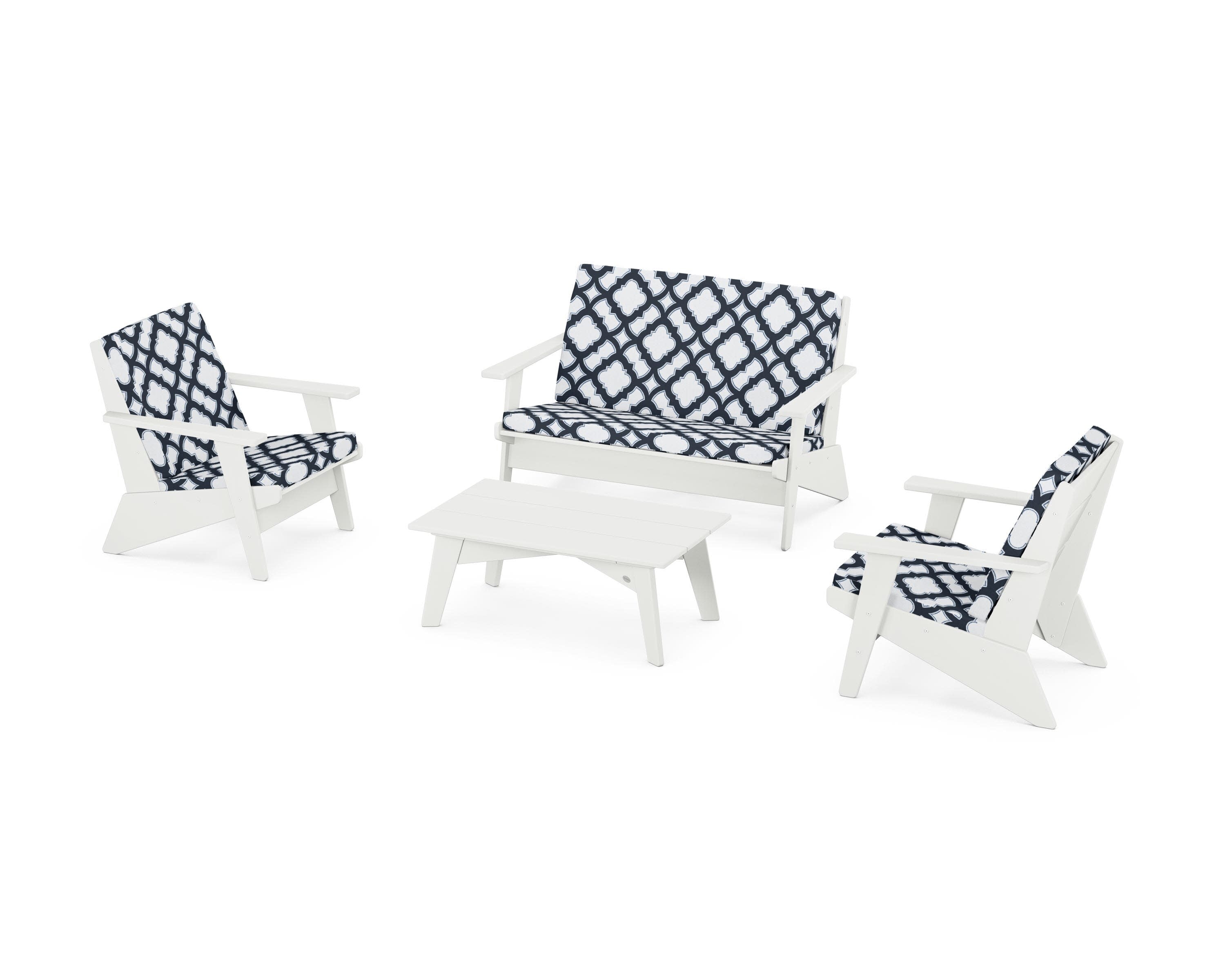 Riviera Modern Lounge 4-Piece Set in Vintage White / Trellis Marine Indigo