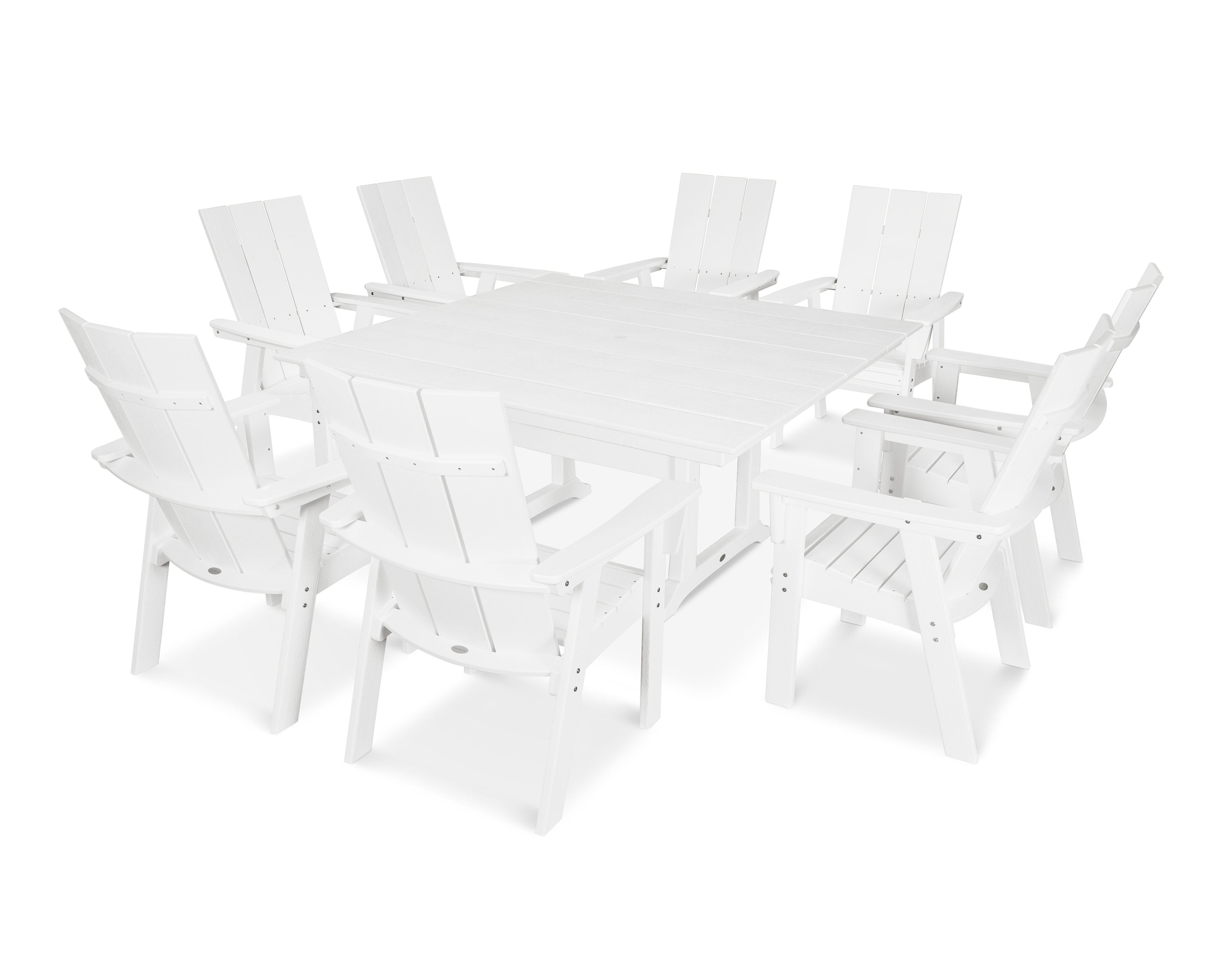 Modern Curveback Adirondack 9-Piece Farmhouse Trestle Dining Set in Vintage White