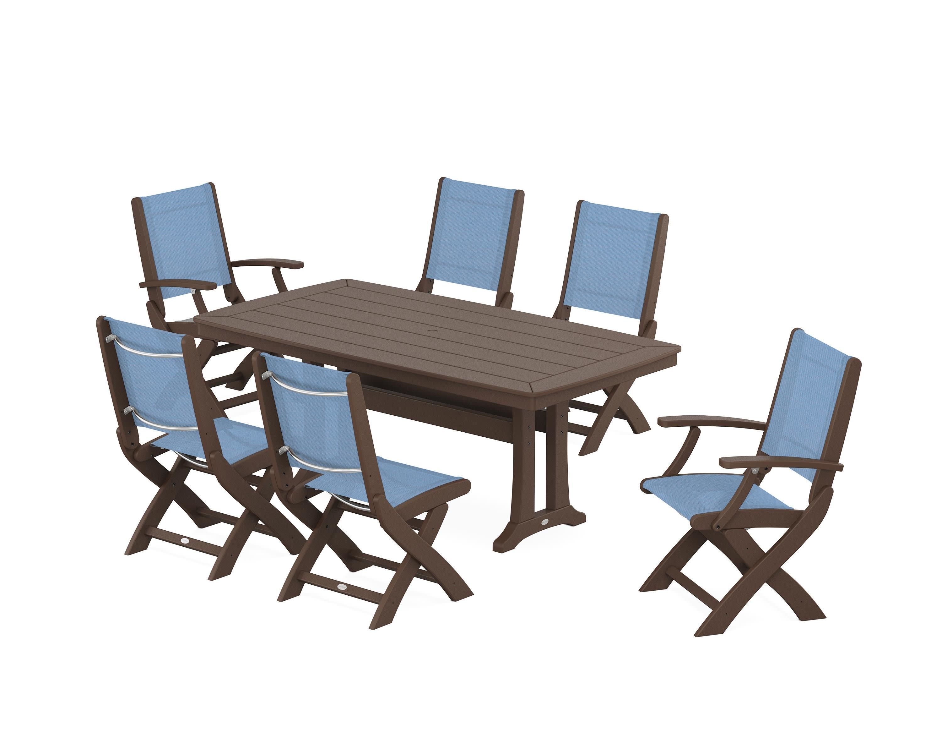 Coastal Folding Chair 7-Piece Dining Set with Trestle Legs in Mahogany / Poolside Sling