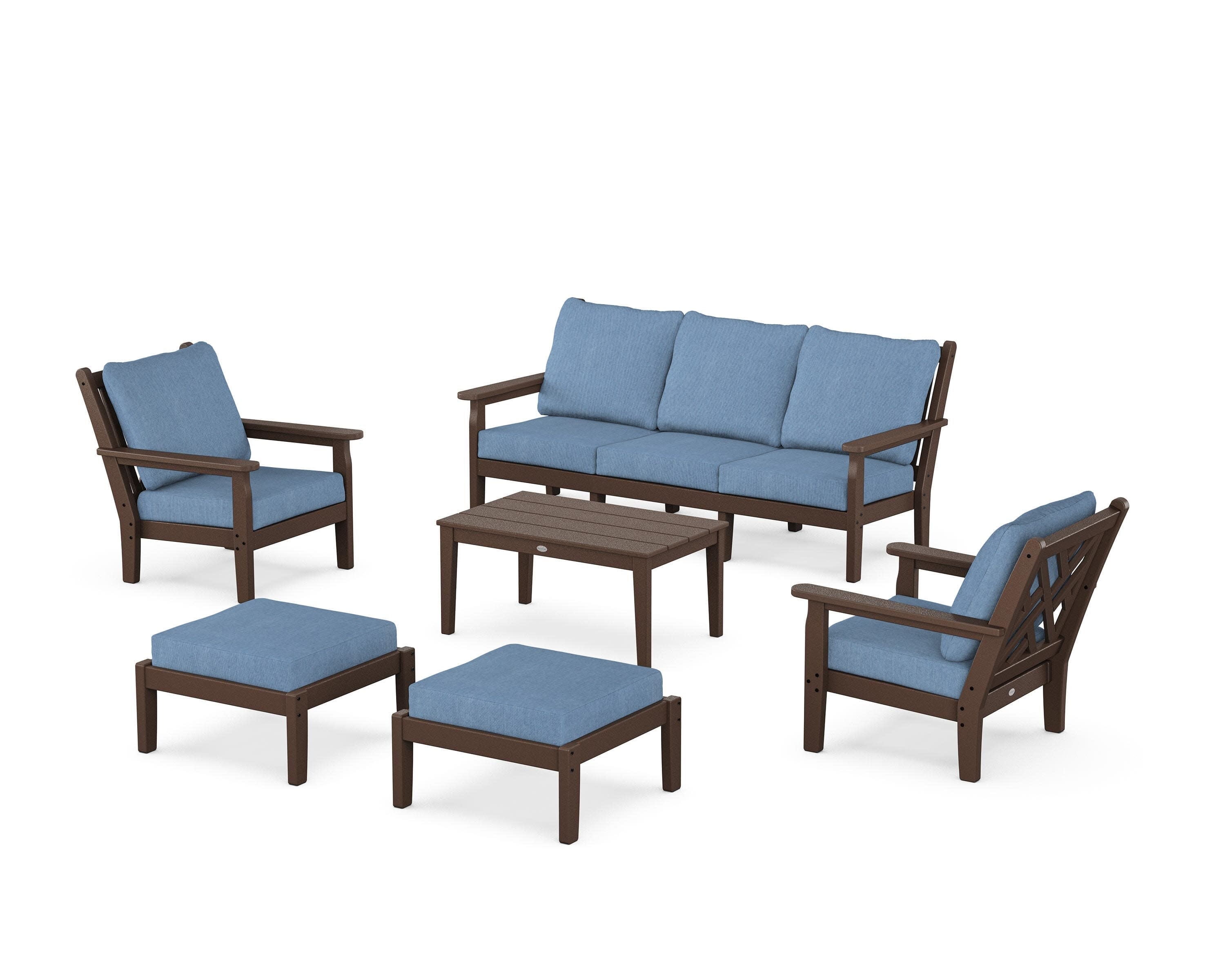 Chippendale 6-Piece Lounge Sofa Set in Mahogany / Sky Blue