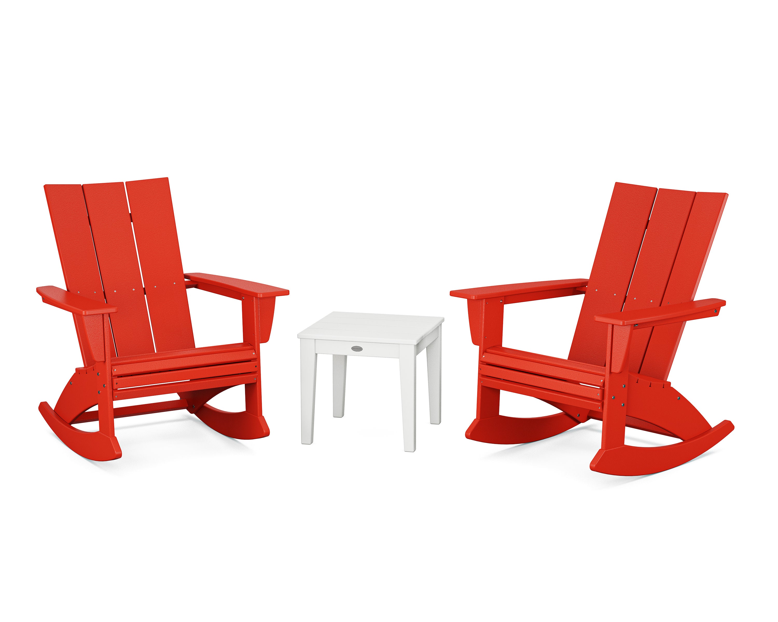 Modern Curveback 3-Piece Adirondack Rocking Chair Set in Sunset Red / White