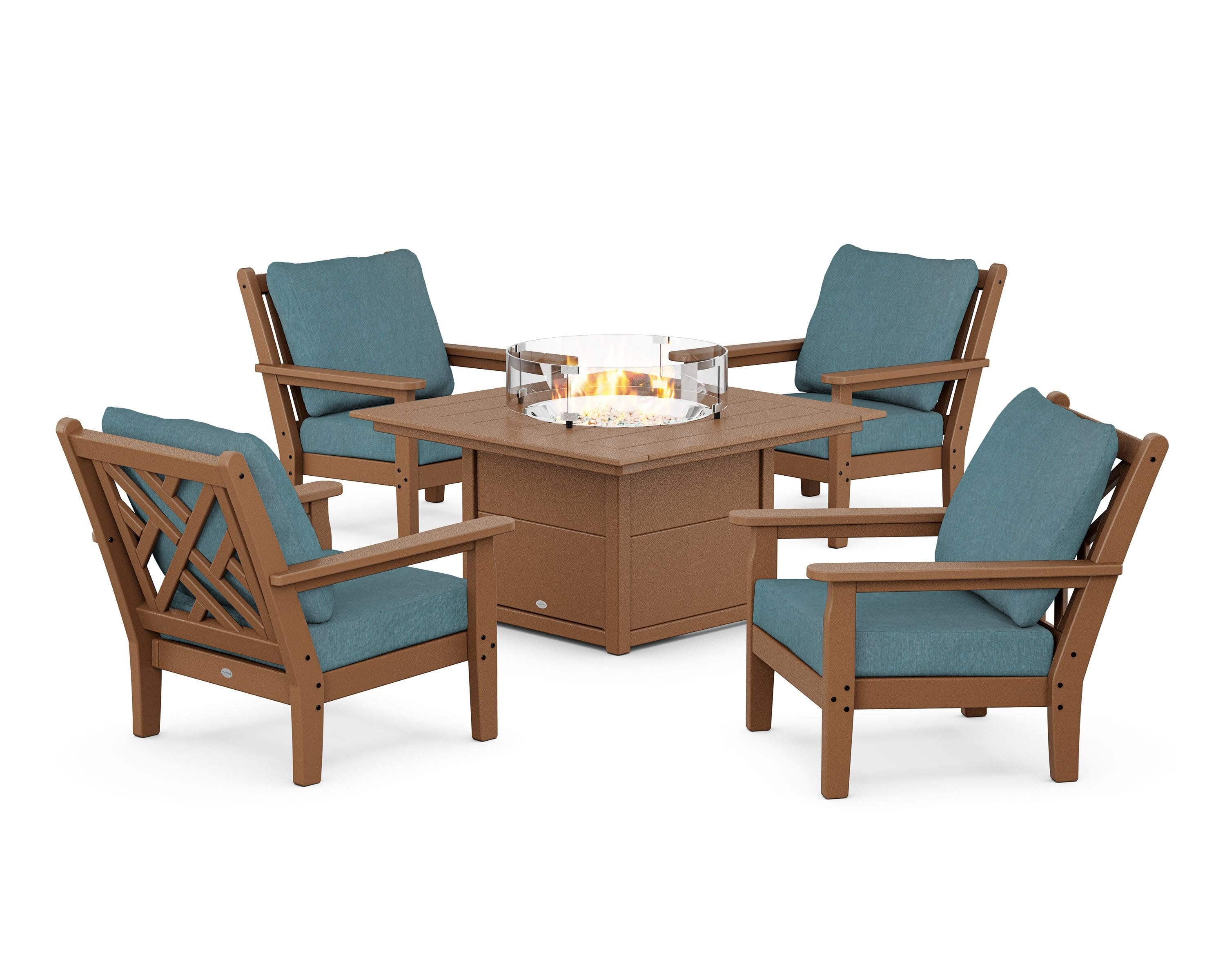 Chippendale 5-Piece Deep Seating Set with Fire Pit Table in Teak / Ocean Teal