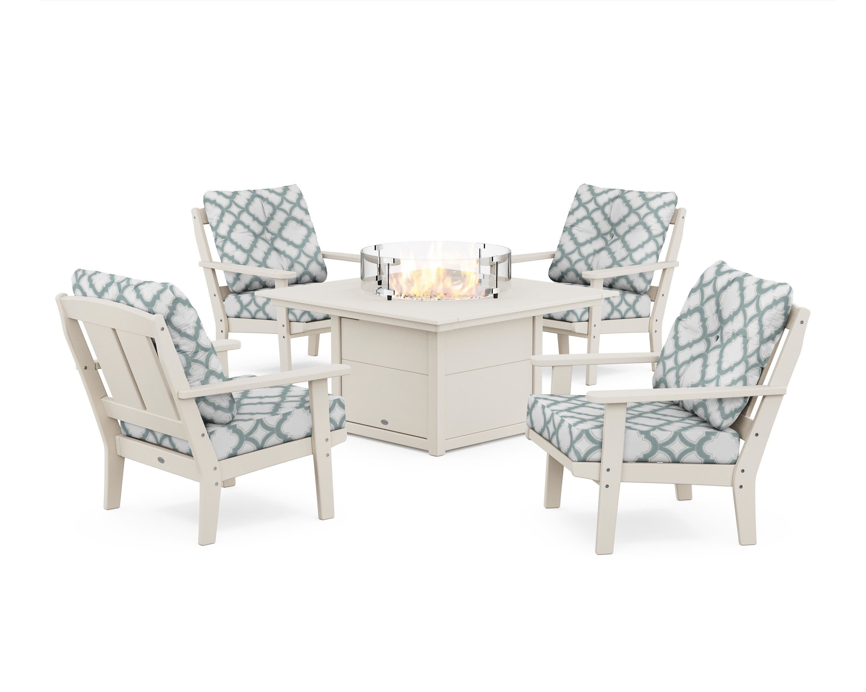 Mission 5-Piece Deep Seating Set with Fire Pit Table in Sand / Trellis Glacier Spa