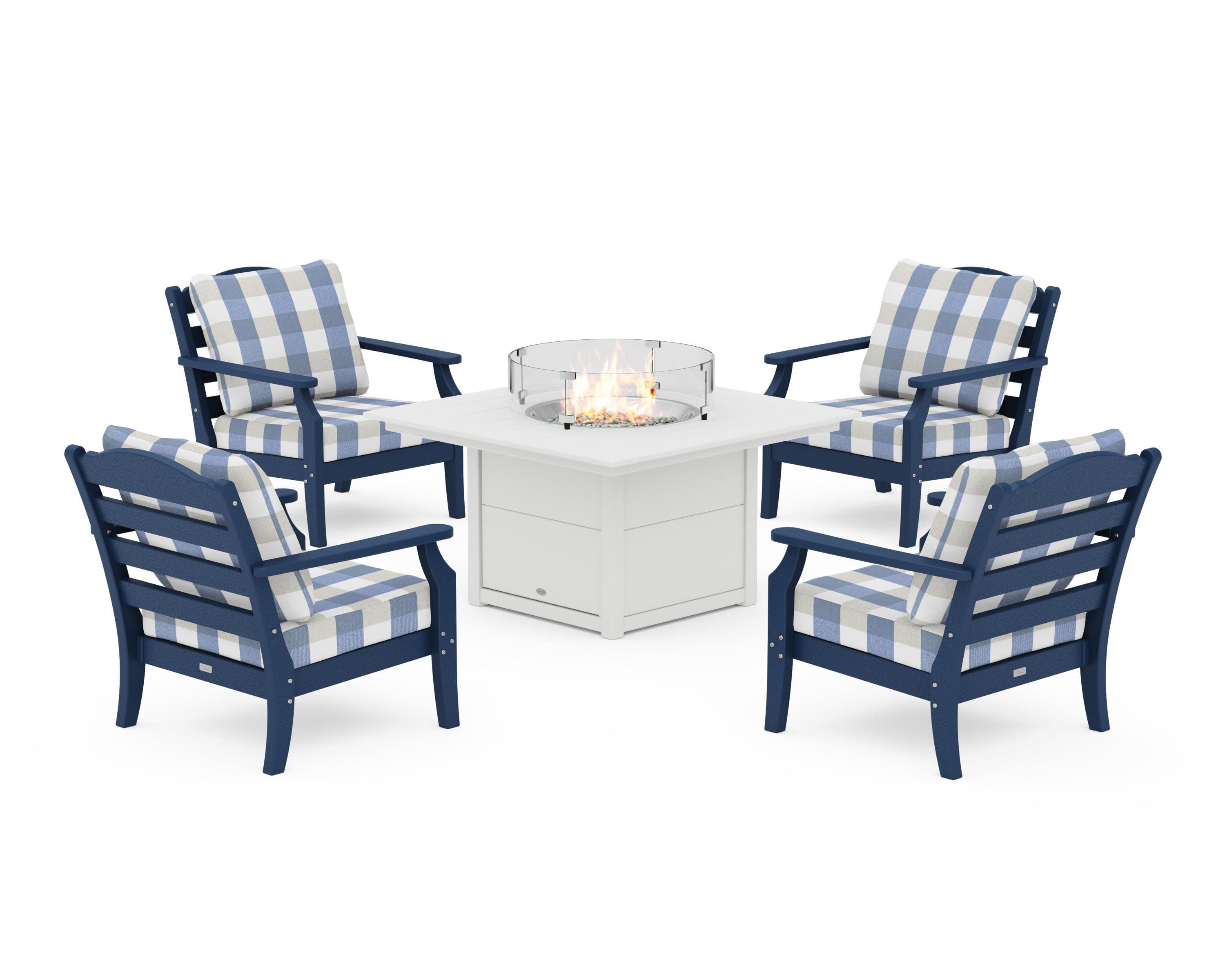 Savannah 5-Piece Deep Seating Set with Fire Pit Table in Navy / Buffalo Plaid Sky Blue