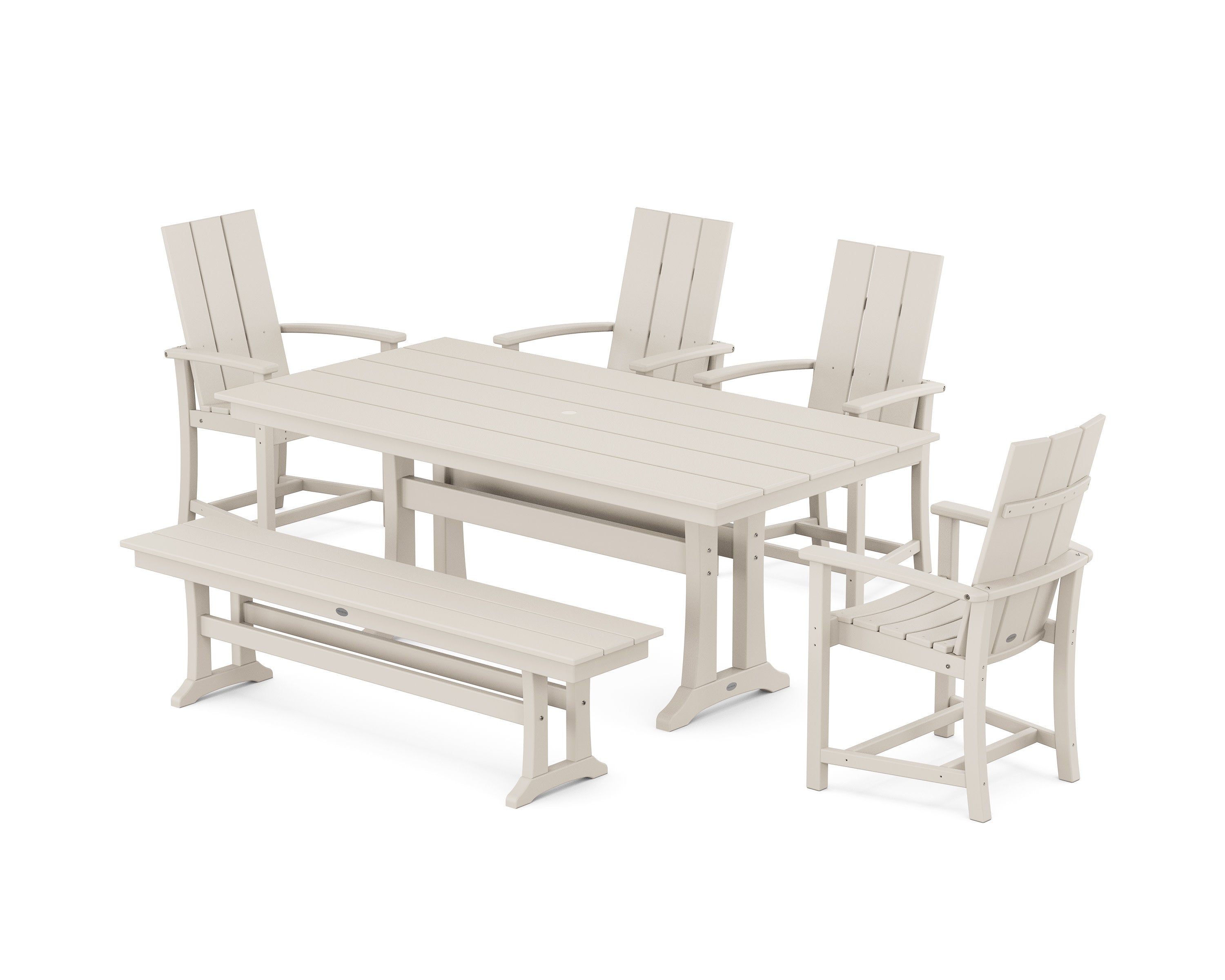 Modern Adirondack 6-Piece Farmhouse Dining Set with Trestle Legs Bench in Sand