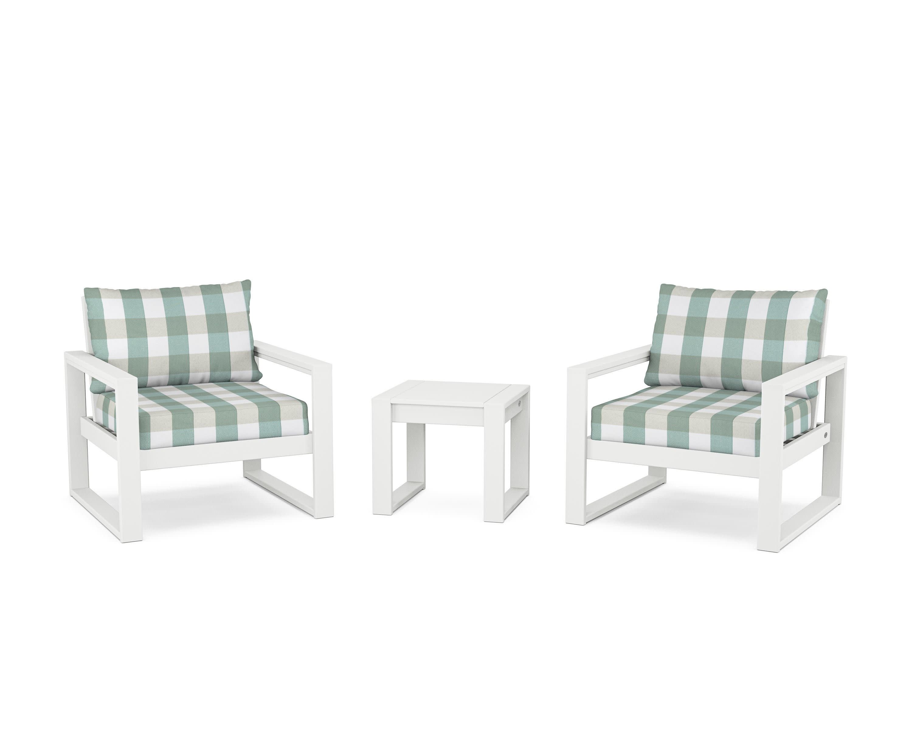 EDGE Sectional 3-Piece Deep Seating Set in White / Buffalo Plaid Glacier Spa