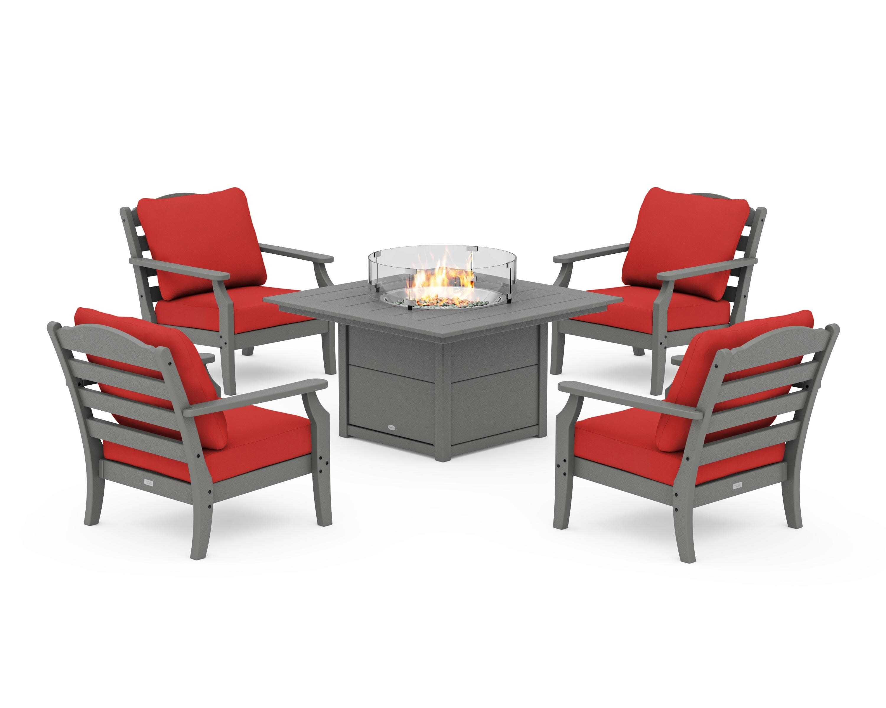 Savannah 5-Piece Deep Seating Set with Fire Pit Table in Slate Grey / Crimson Linen