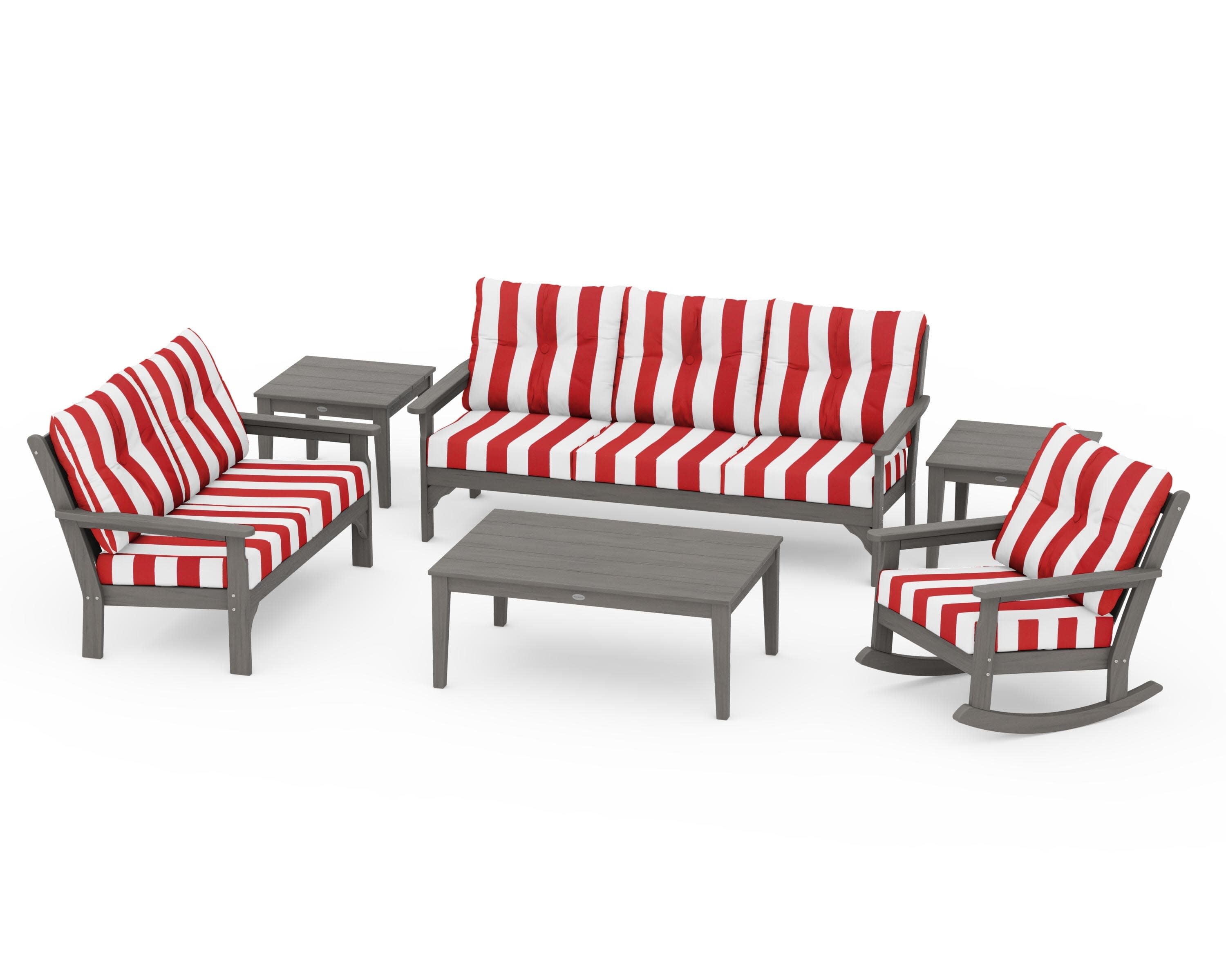 Vineyard 6-Piece Deep Seating Set in Driftwood / Cabana Stripe Crimson
