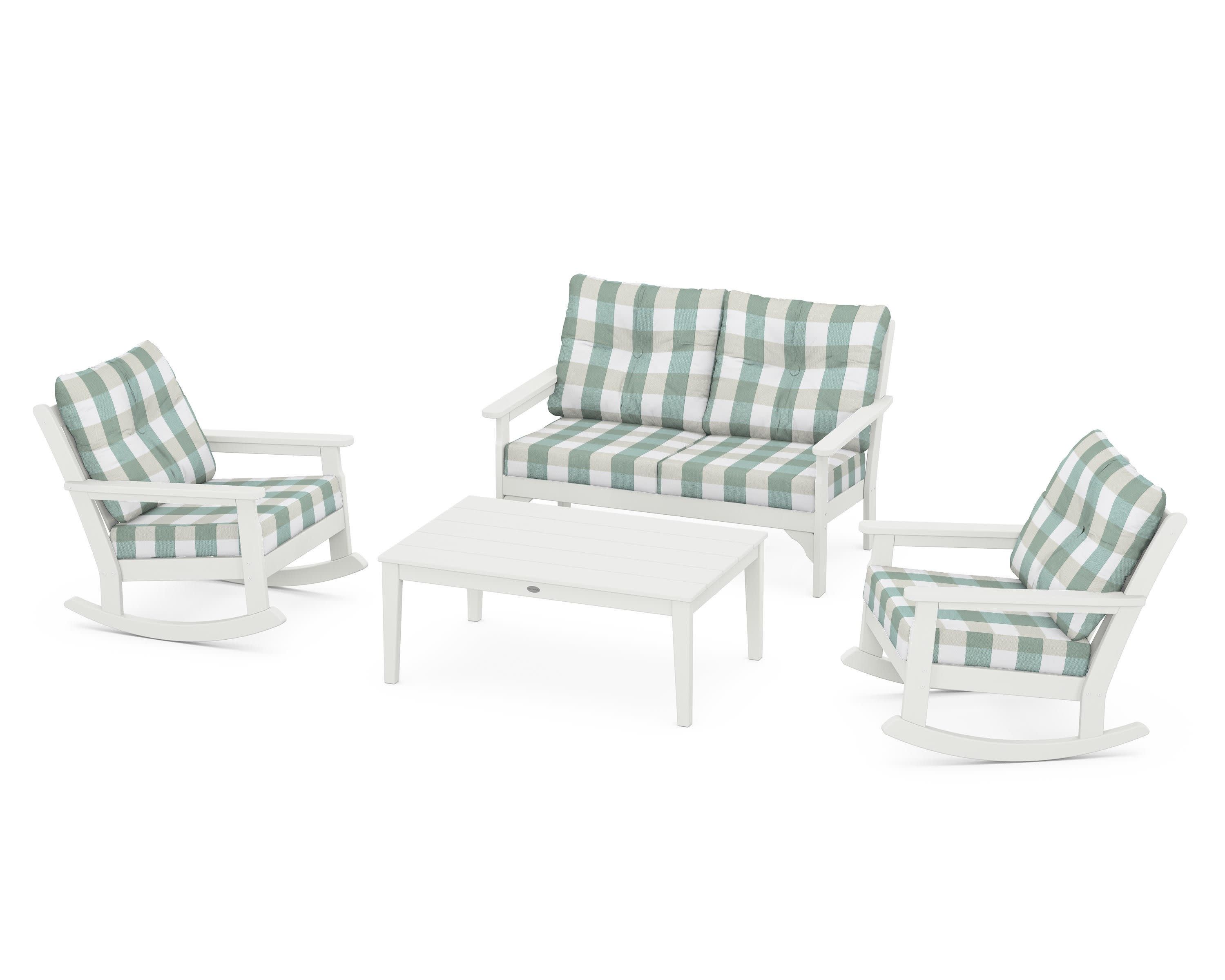 Vineyard 4-Piece Deep Seating Rocking Chair Set in Vintage White / Buffalo Plaid Glacier Spa