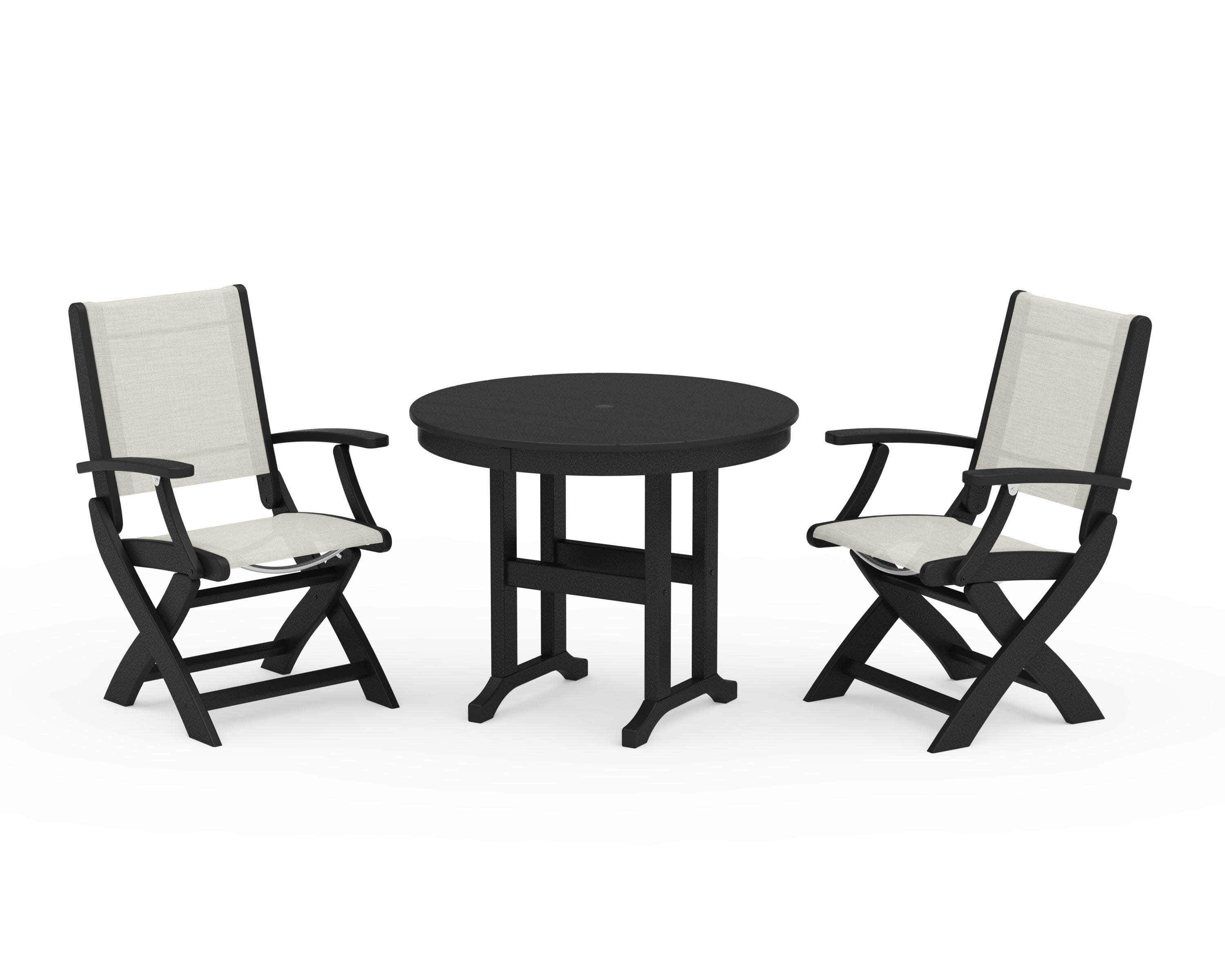 Coastal Folding Chair 3-Piece Round Dining Set in Black / Parchment Sling