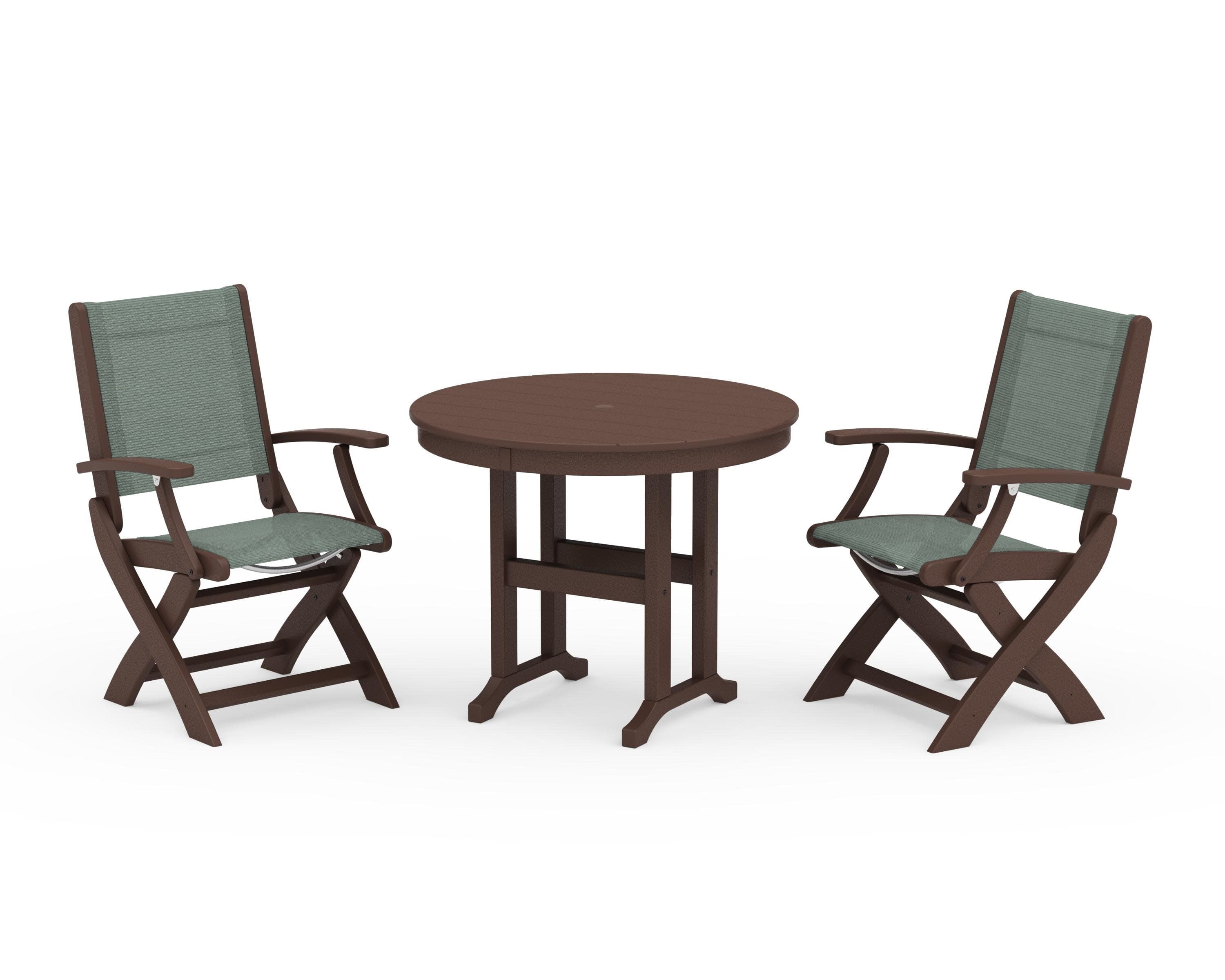 Coastal Folding Chair 3-Piece Round Dining Set in Mahogany / Dupioni Sea Mist Sling