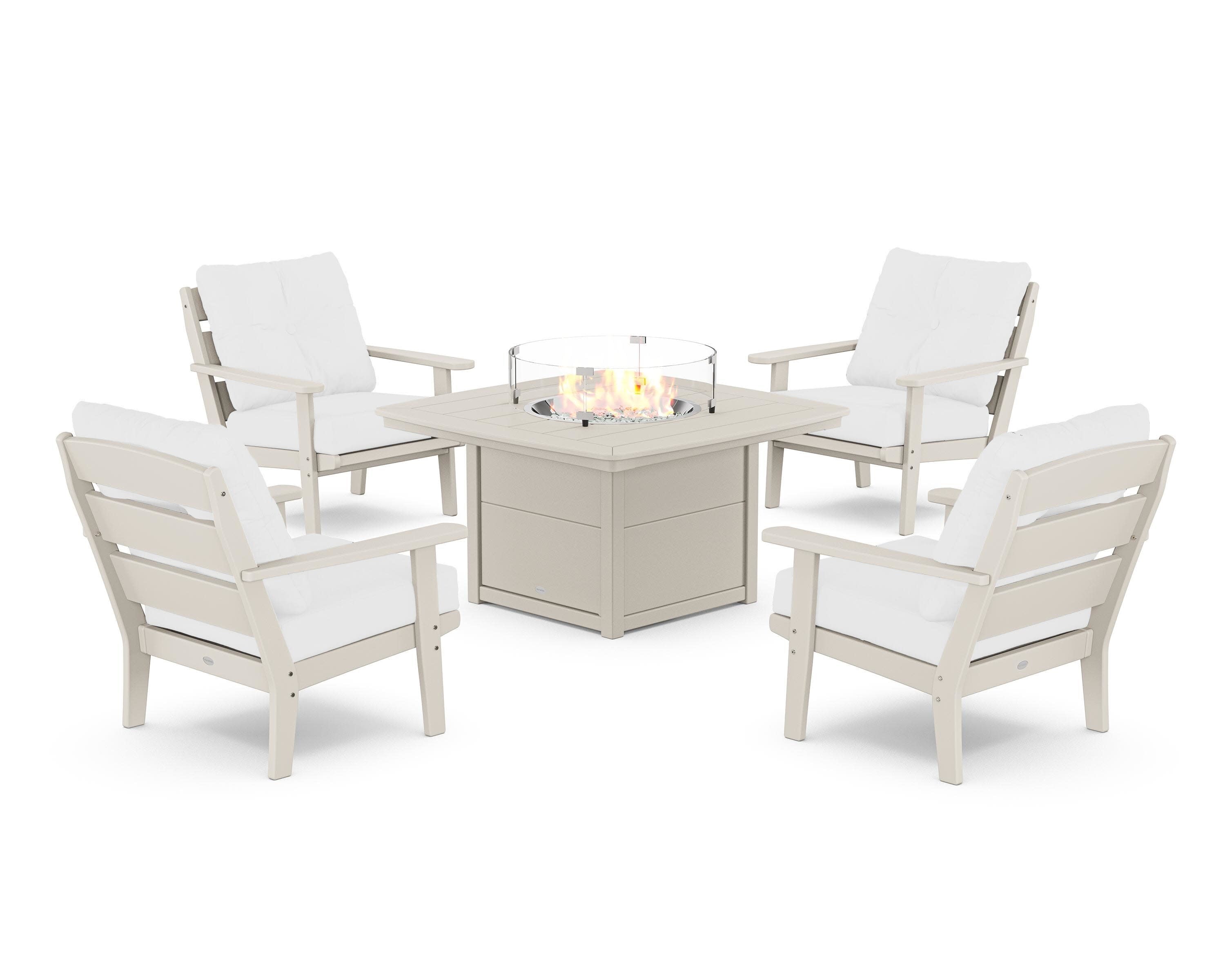 Lakeside 5-Piece Deep Seating Set with Nautical Fire Pit Table in Sand / Natural
