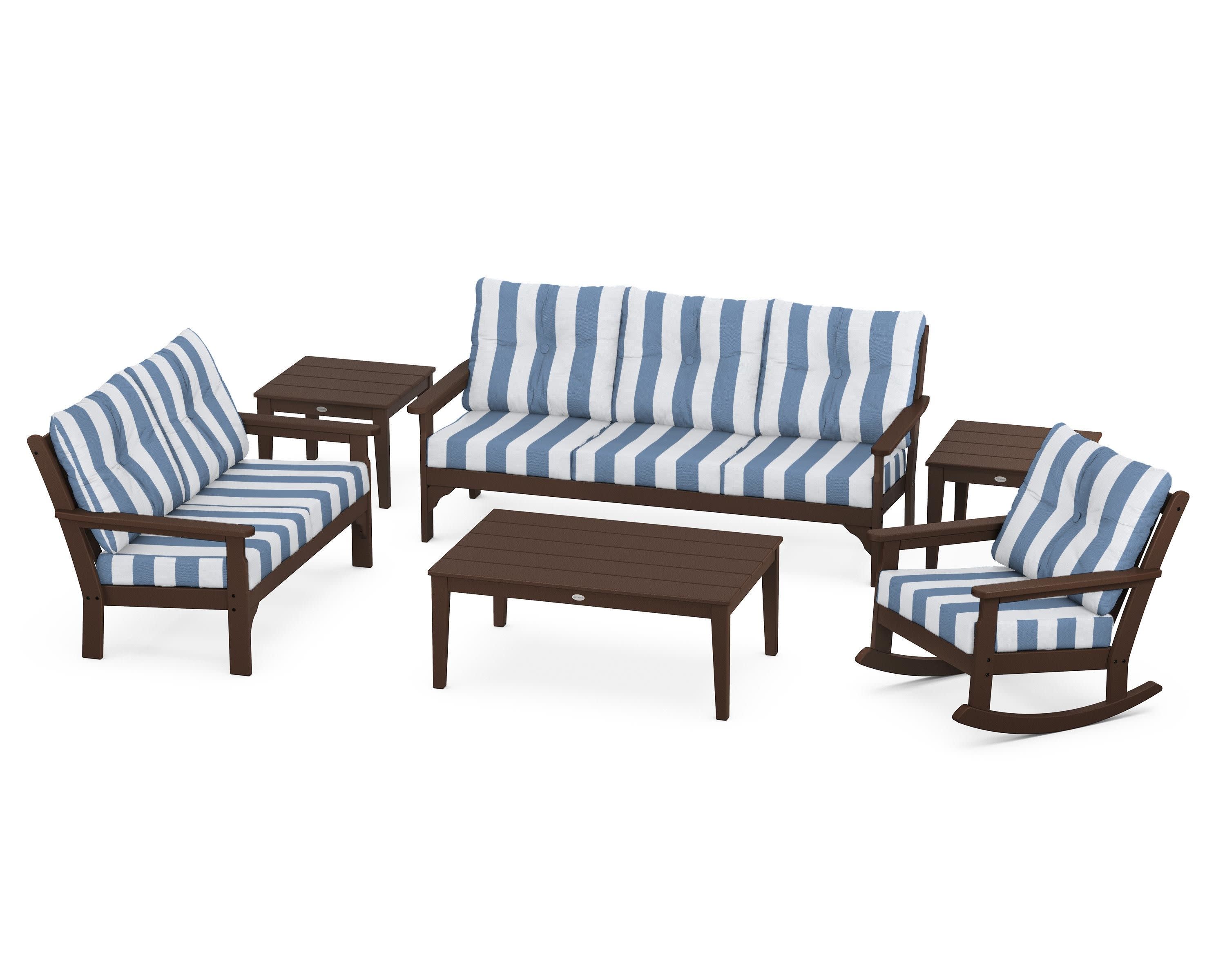 Vineyard 6-Piece Deep Seating Set in Mahogany / Cabana Stripe Sky Blue