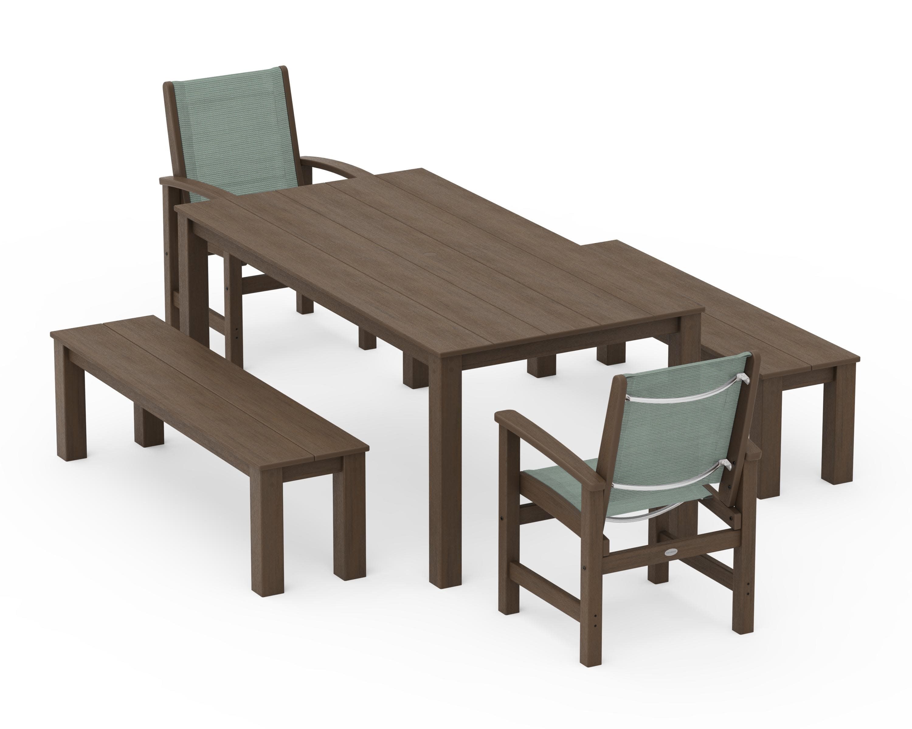 Coastal 5-Piece Parsons Dining Set with Benches in Kona / Dupioni Sea Mist Sling
