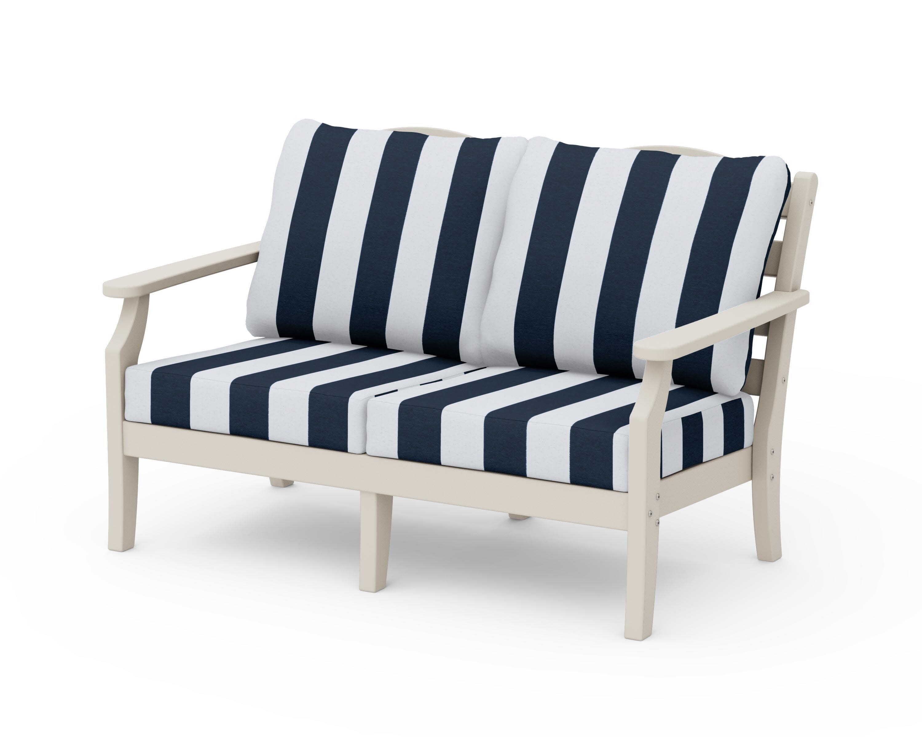 Savannah Deep Seating Loveseat in Sand / Cabana Stripe Marine Indigo