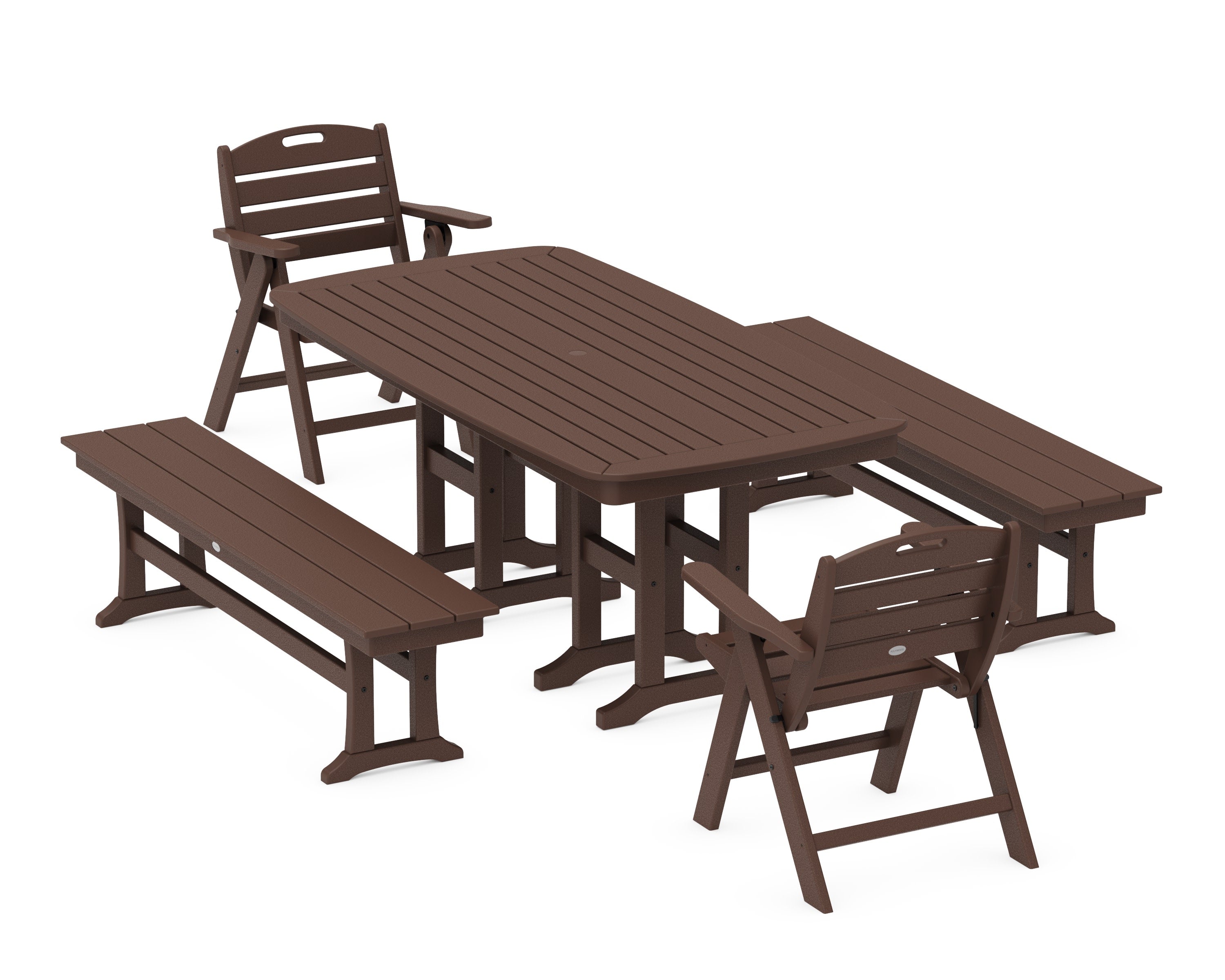Nautical Lowback 5-Piece Dining Set with Benches in Mahogany