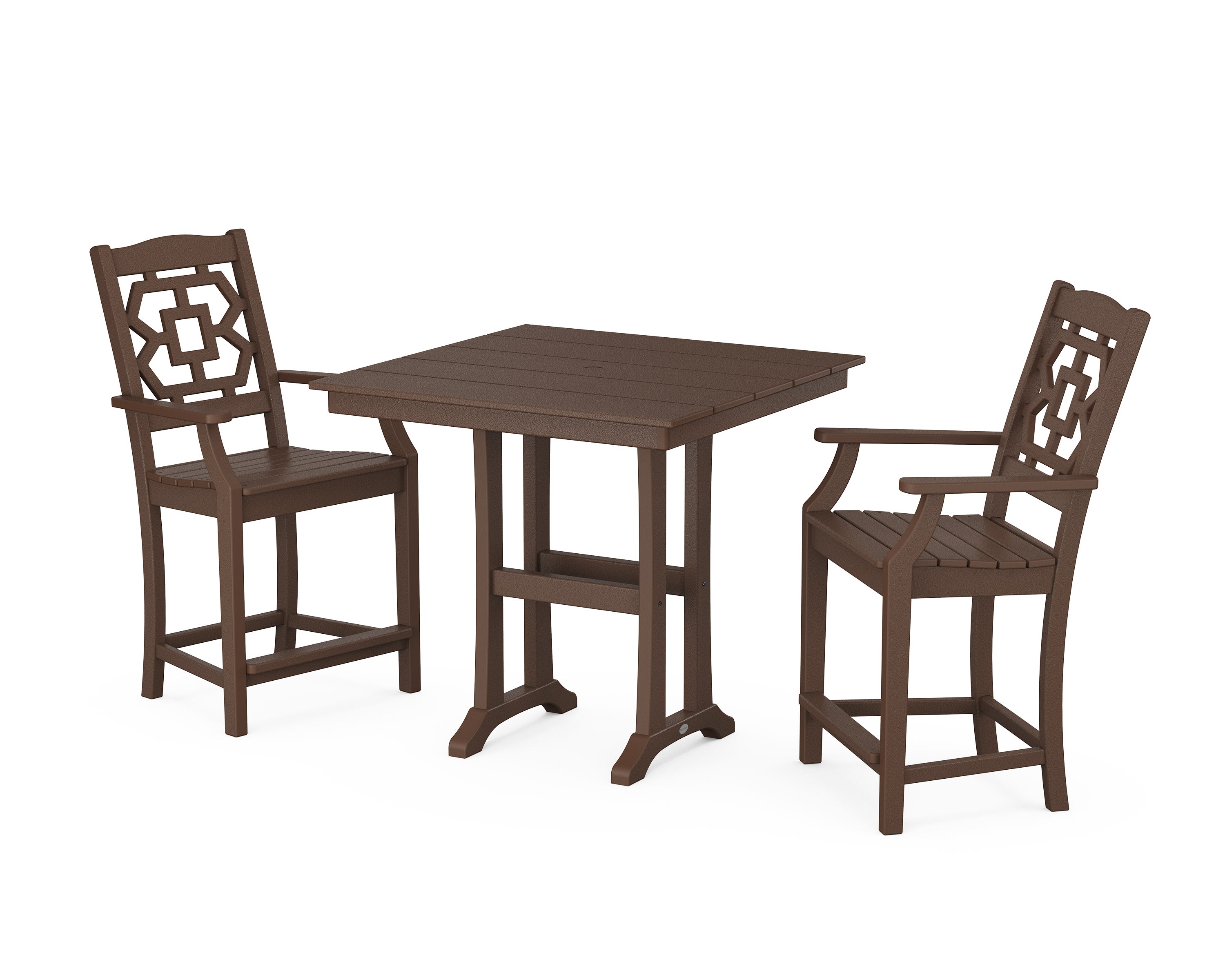 Chinoiserie 3-Piece Farmhouse Counter Set with Trestle Legs in Mahogany