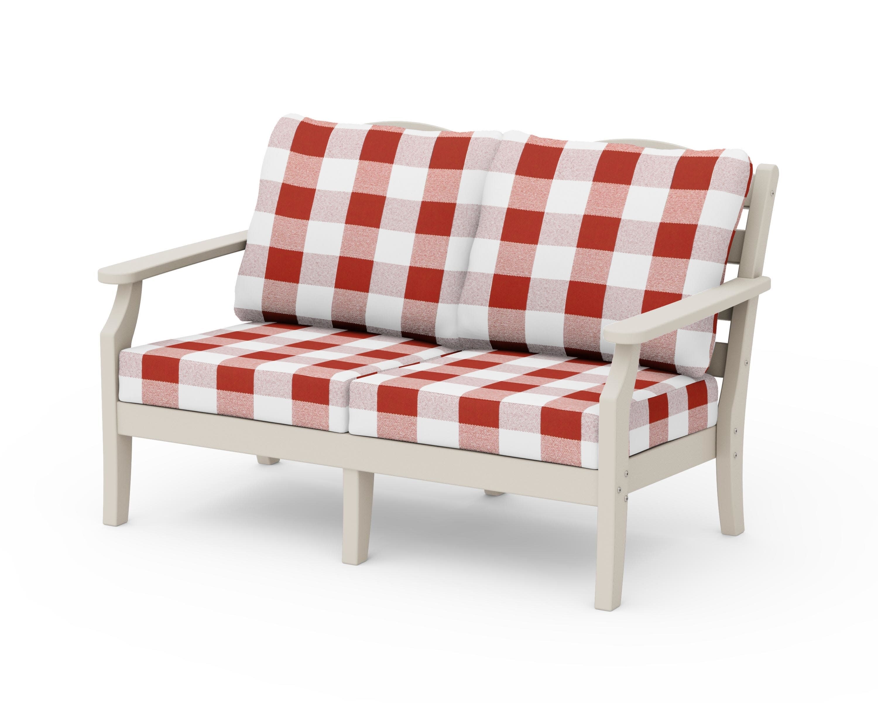 Savannah Deep Seating Loveseat in Sand / Buffalo Plaid Crimson