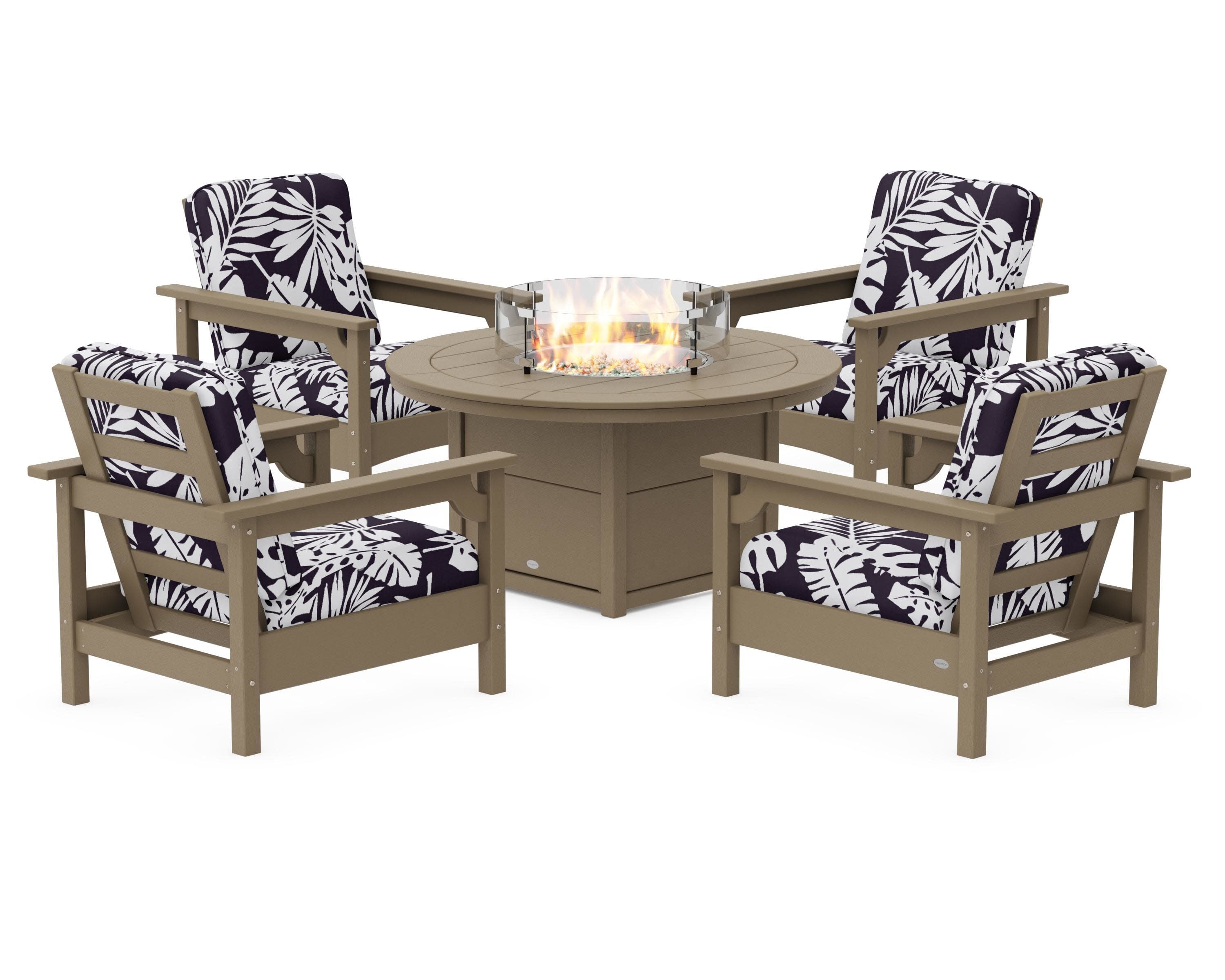 Club 5-Piece Conversation Set with Fire Pit Table in Vintage Sahara / Leaf Navy