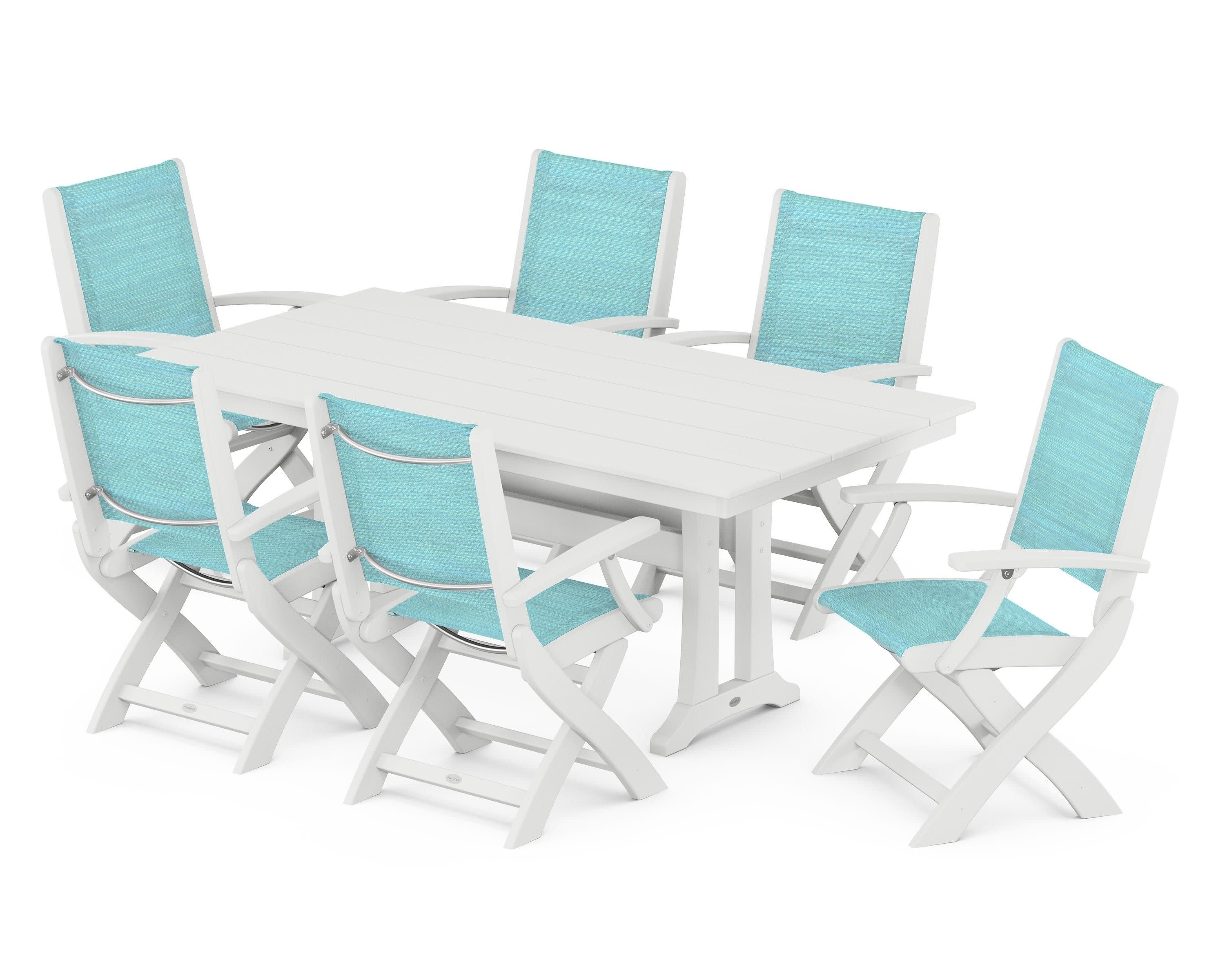Coastal Folding Arm Chair 7-Piece Farmhouse Dining Set with Trestle Legs in White / Dupioni Aquamarine Sling