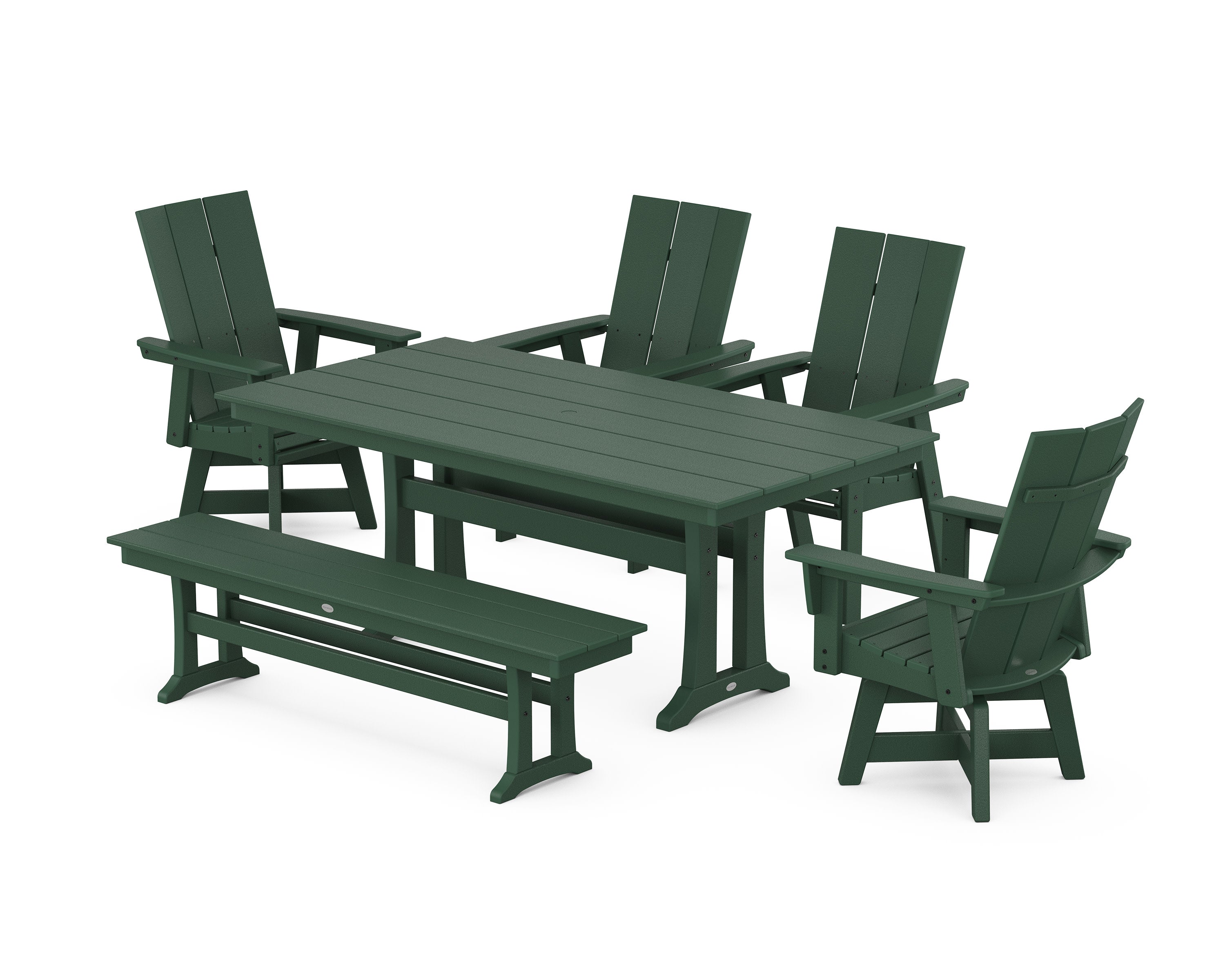 Modern Curveback Adirondack Swivel Chair 6-Piece Farmhouse Dining Set With Trestle Legs and Bench in Green