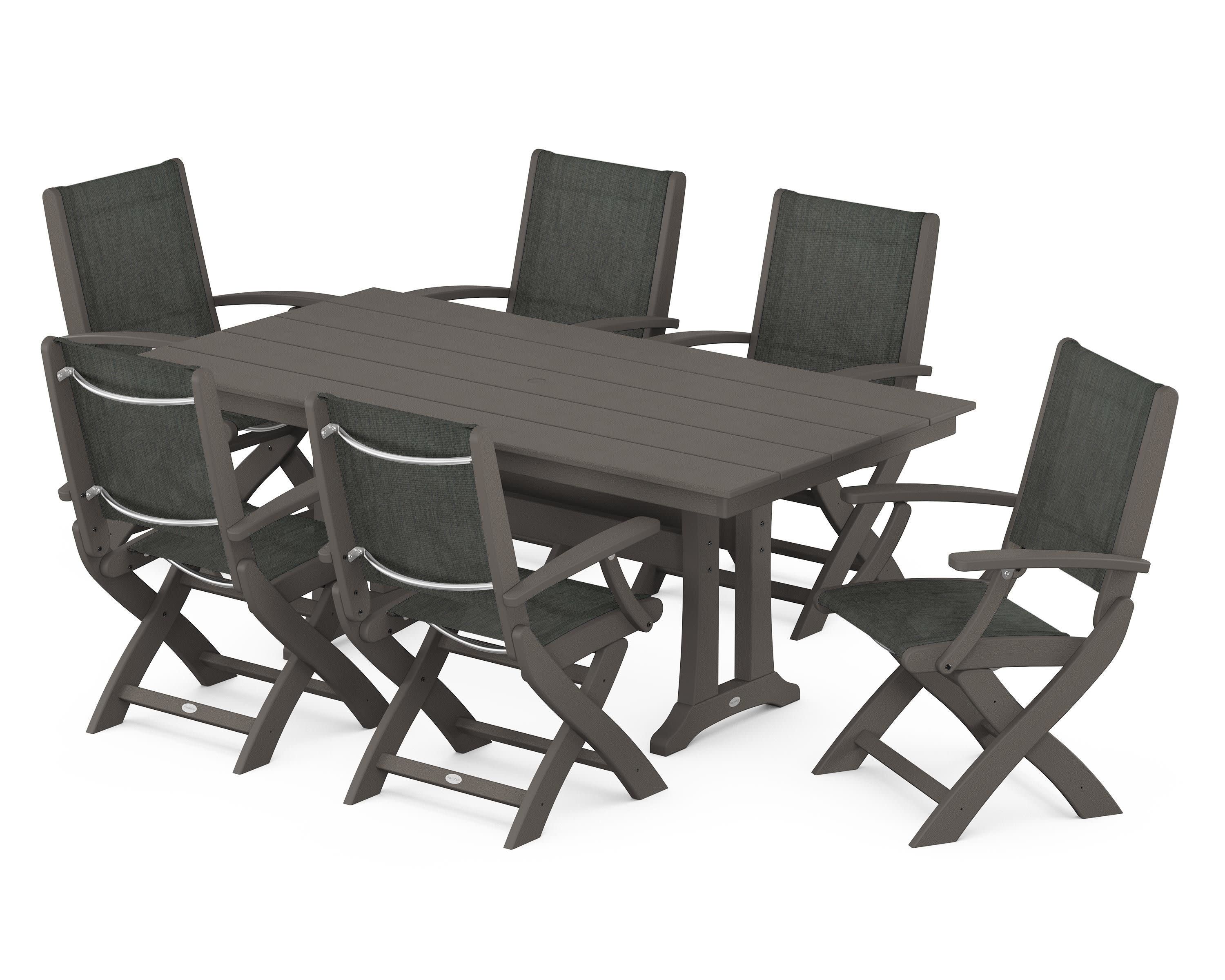 Coastal Folding Arm Chair 7-Piece Farmhouse Dining Set with Trestle Legs in Vintage Coffee / Ember Sling