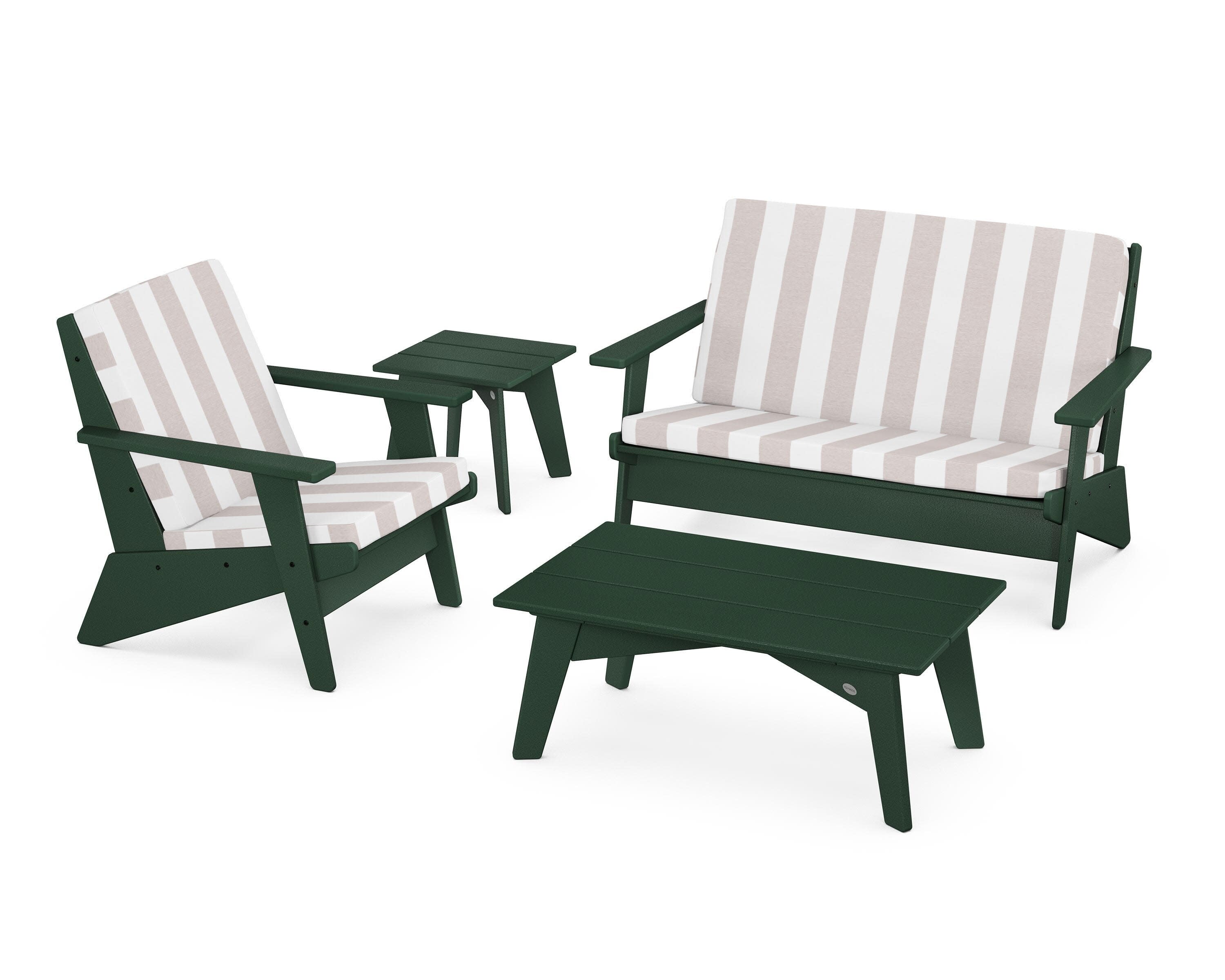 Riviera Modern Lounge 4-Piece Set in Green / Cabana Stripe Dune Burlap