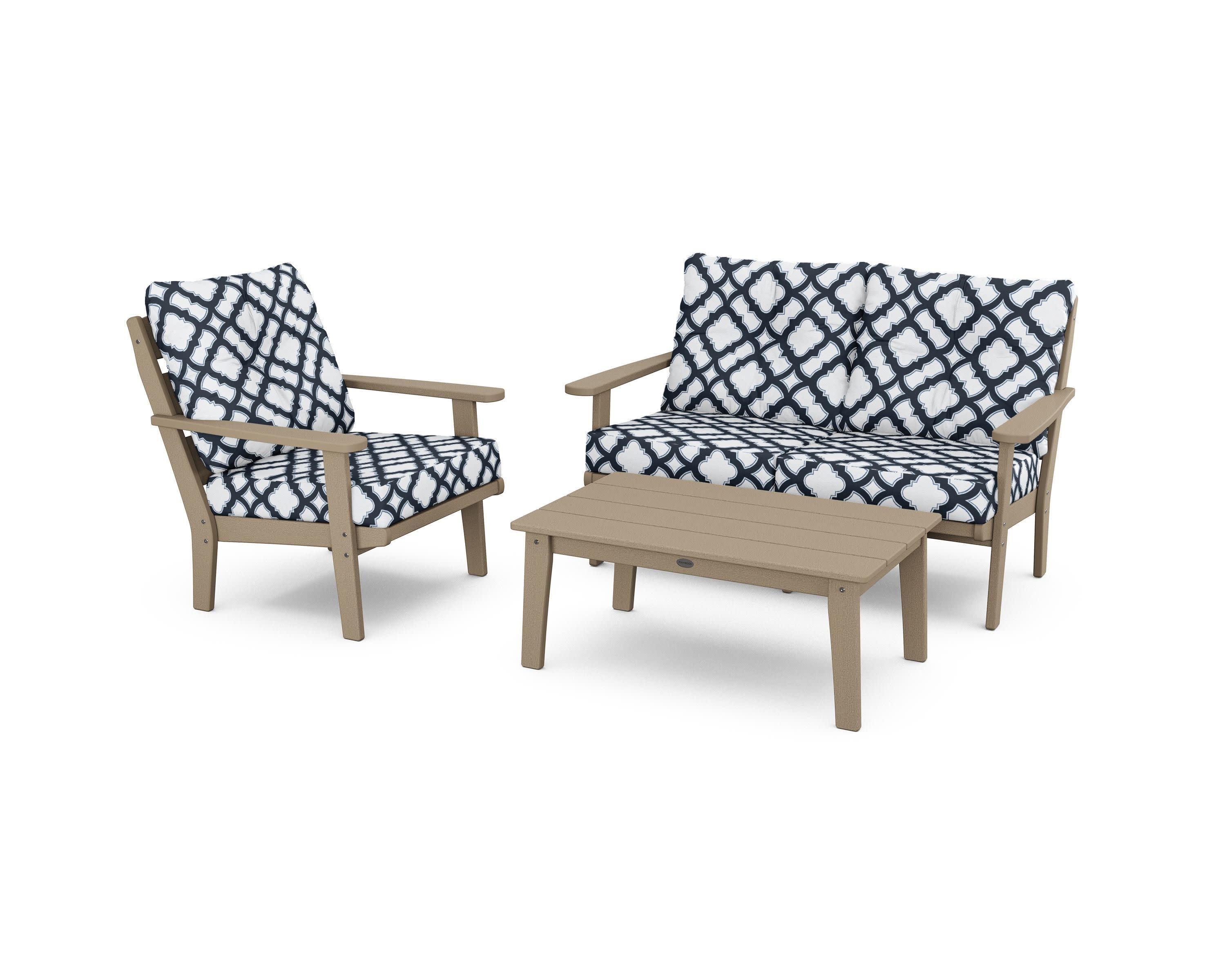 Lakeside 3-Piece Deep Seating Set in Vintage Sahara / Trellis Marine Indigo