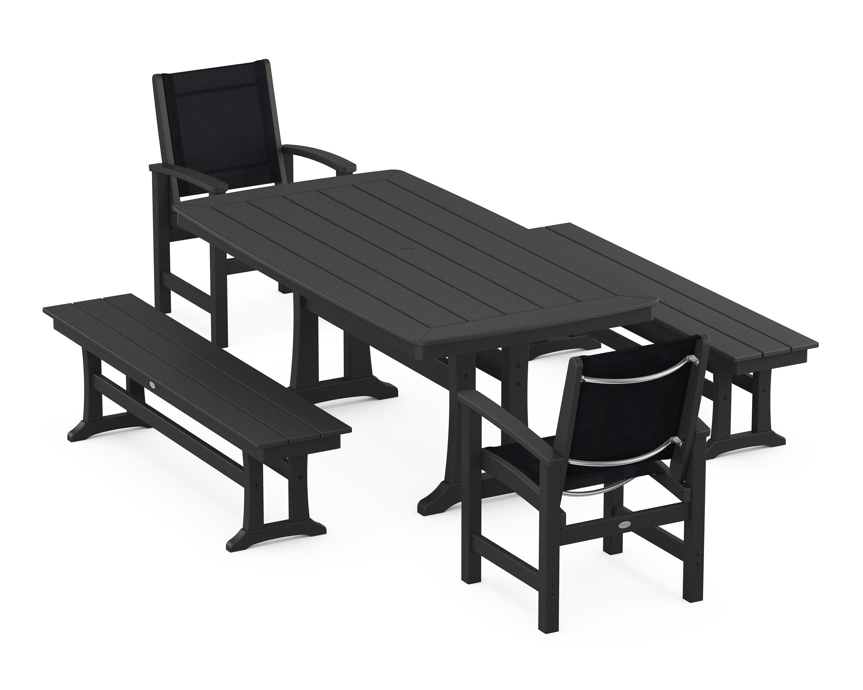 Coastal 5-Piece Dining Set with Trestle Legs and Benches in Black / Black Sling