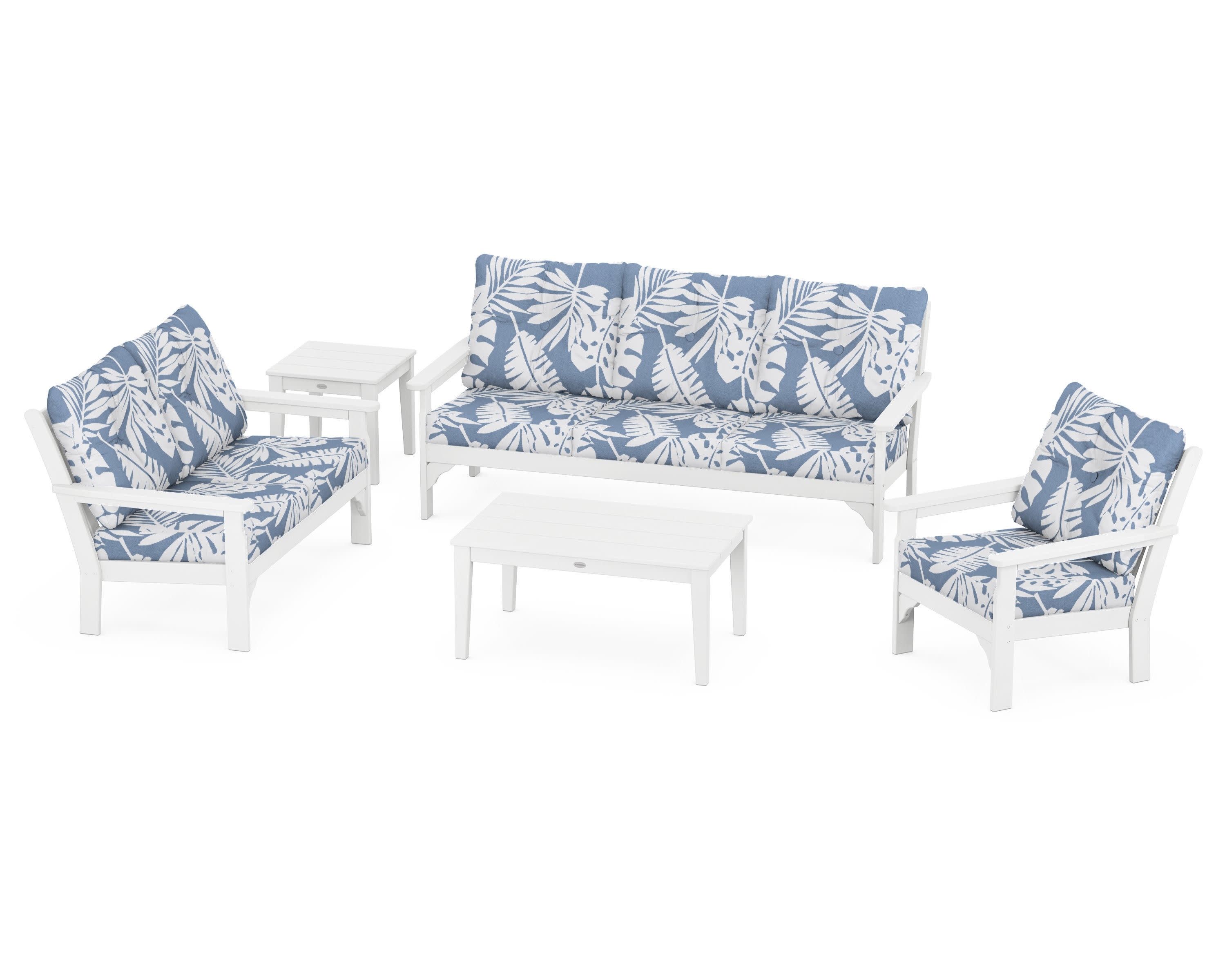 Vineyard 5 Piece Deep Seating Set in White / Leaf Sky Blue