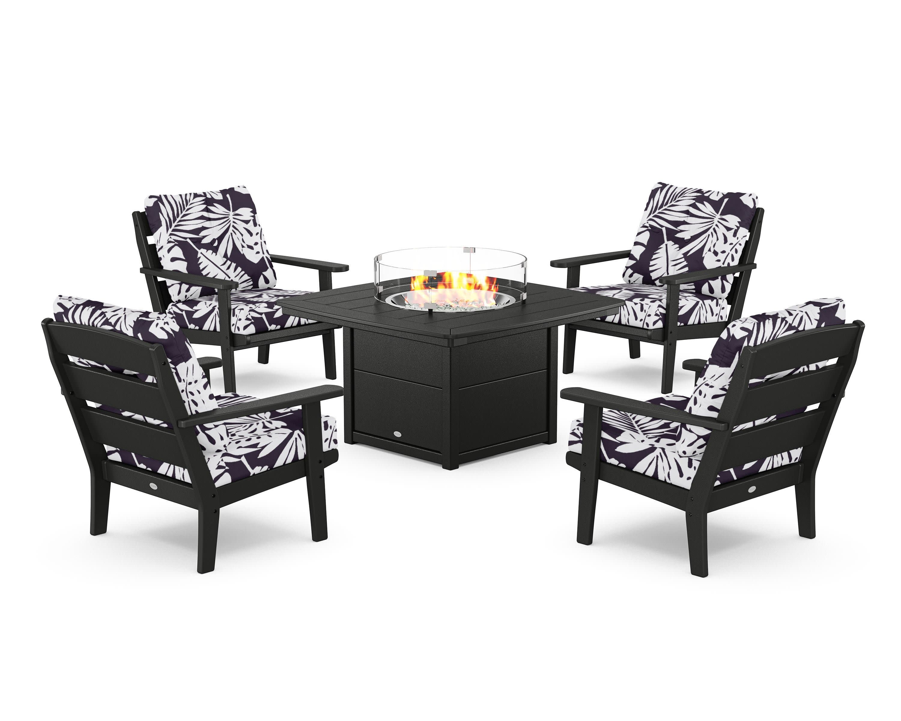 Lakeside 5-Piece Deep Seating Set with Nautical Fire Pit Table in Black / Leaf Navy