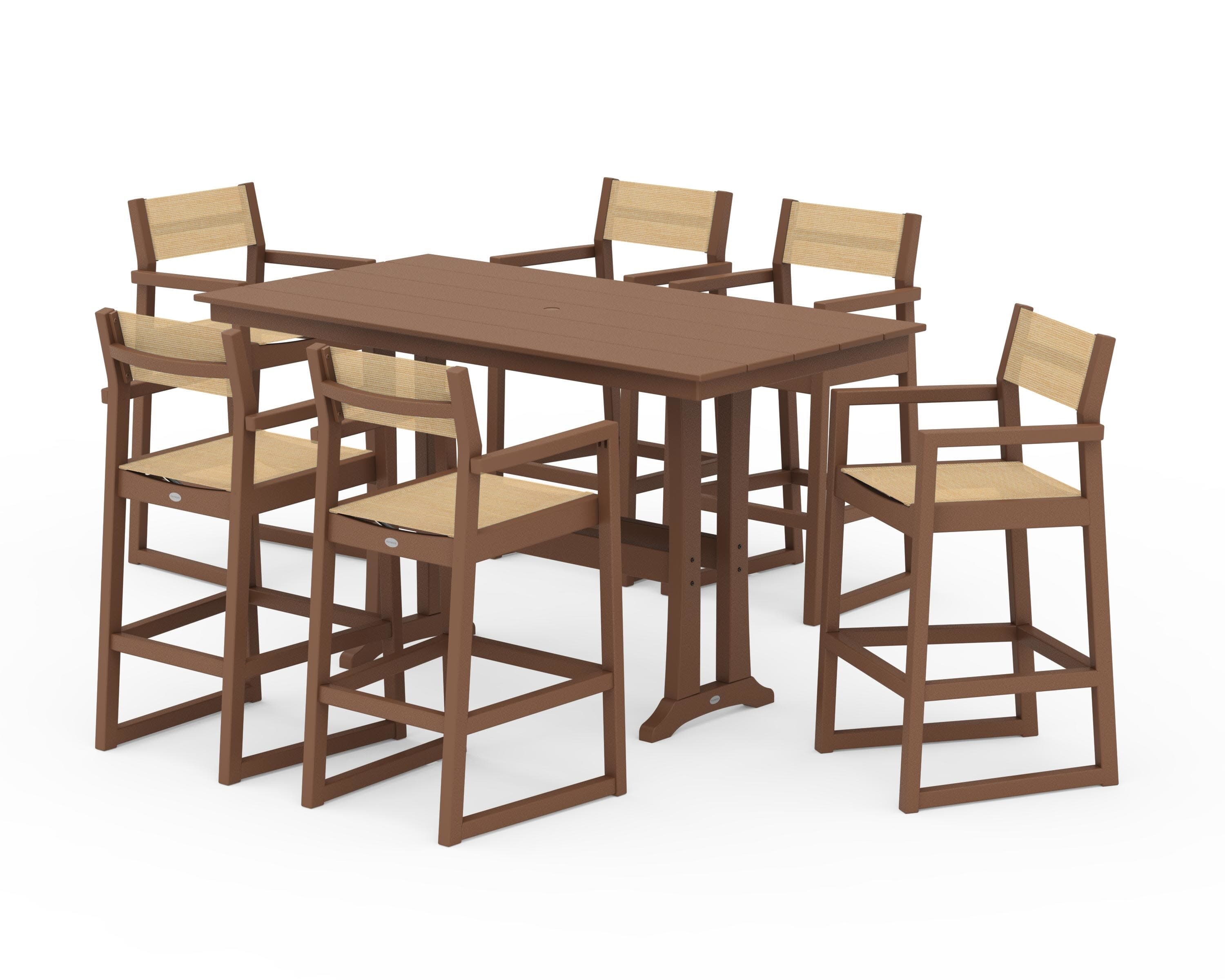 EDGE Sling Arm Chair 7-Piece Farmhouse Bar Set with Trestle Legs in Teak / Dupioni Apricot Sling