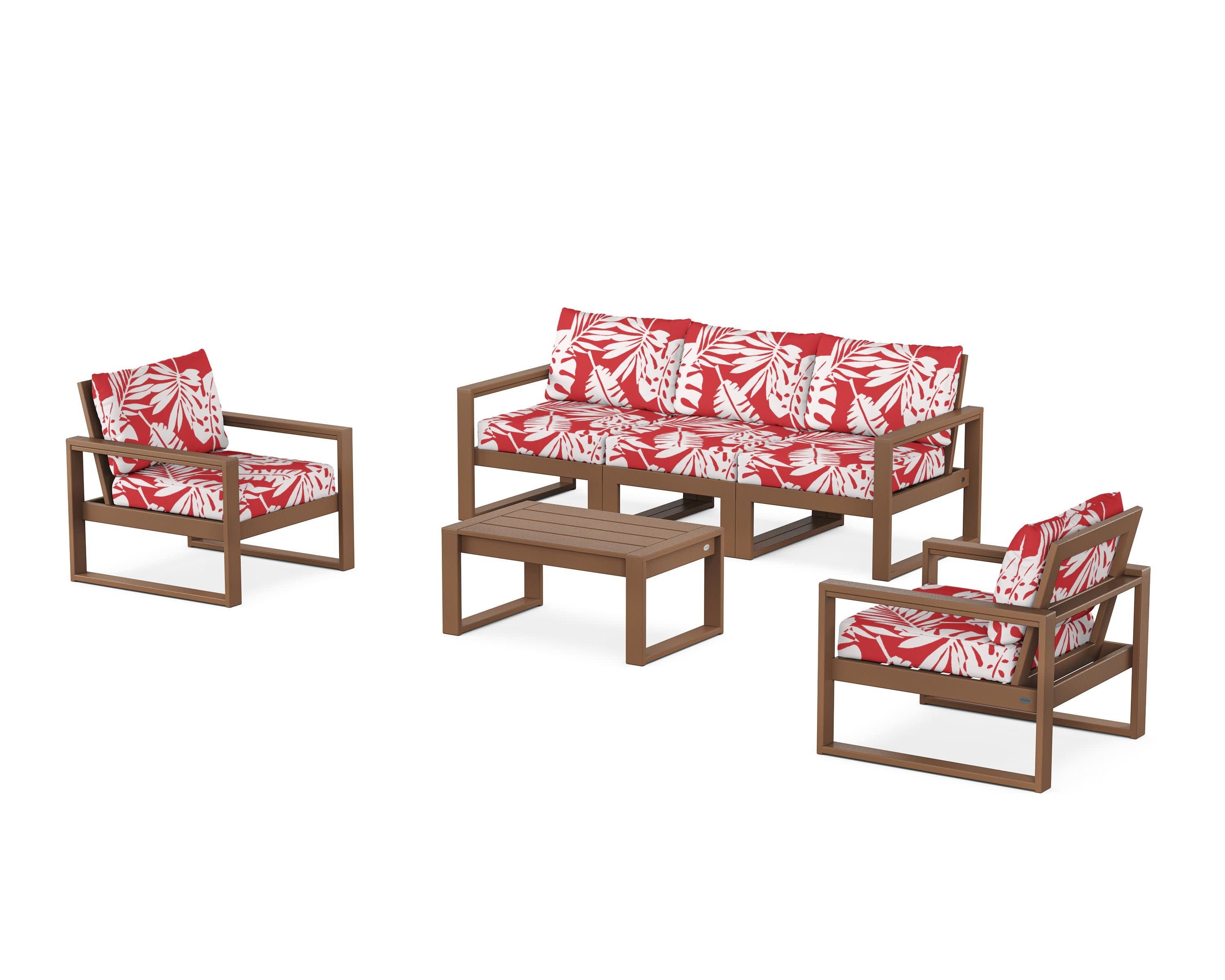 EDGE Sectional 4-Piece Deep Seating Set with Sofa in Teak / Leaf Crimson