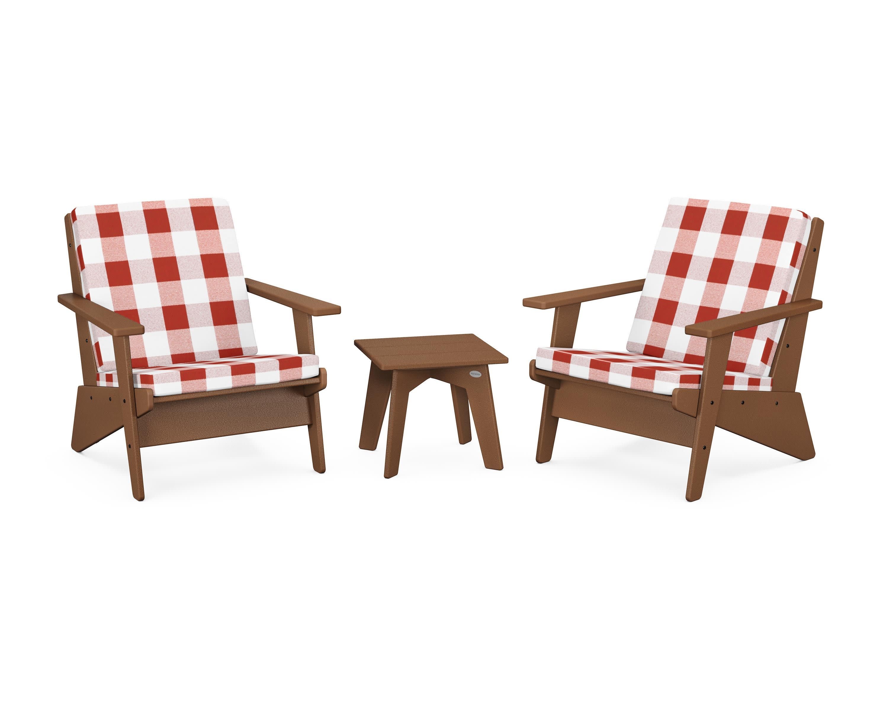 Riviera Modern Lounge 3-Piece Set in Teak / Buffalo Plaid Crimson