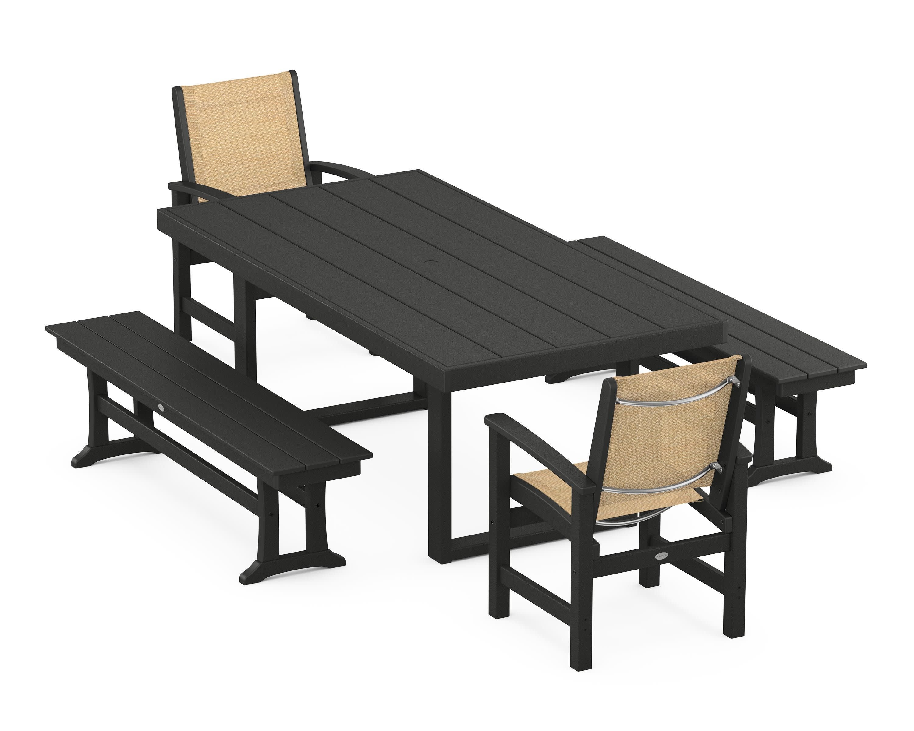 Coastal 5-Piece Dining Set with Trestle Legs in Black / Dupioni Apricot Sling