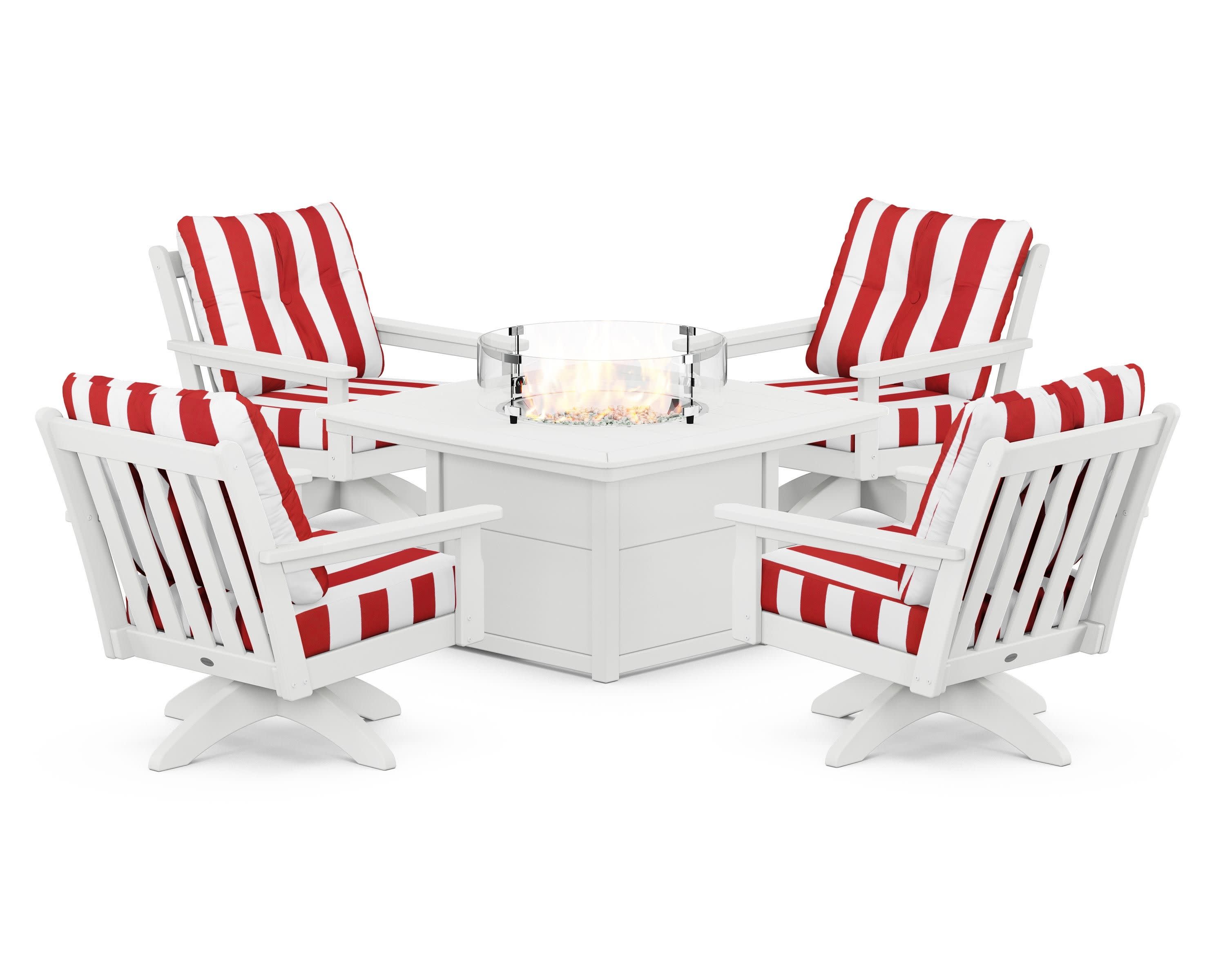 Vineyard 5-Piece Deep Seating Swivel Conversation Set with Fire Pit Table in White / Cabana Stripe Crimson
