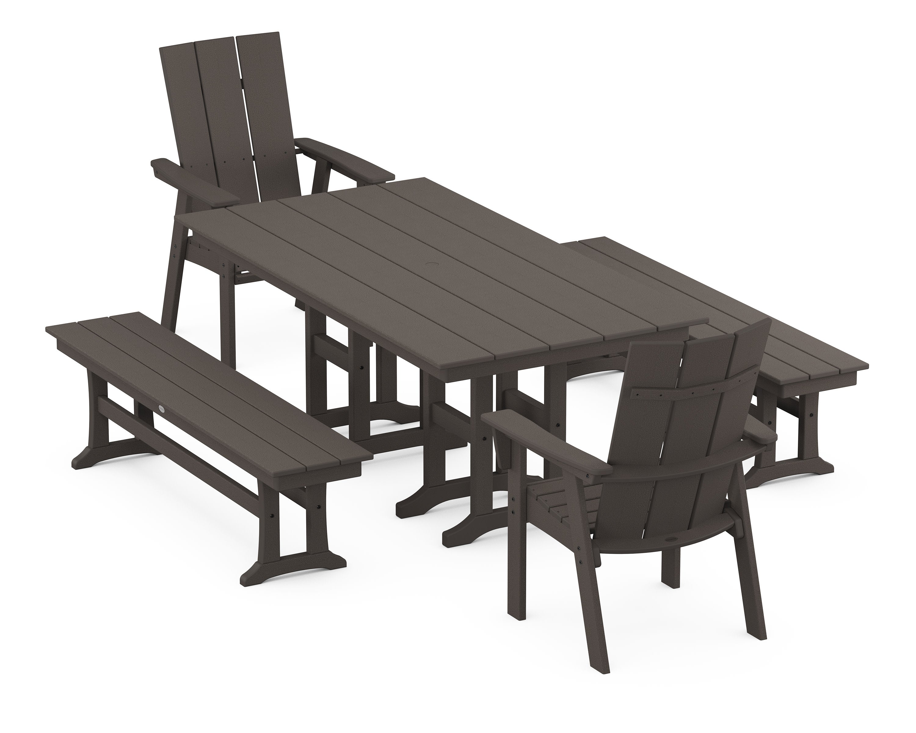 Modern Curveback Adirondack 5-Piece Farmhouse Dining Set with Benches in Vintage Coffee