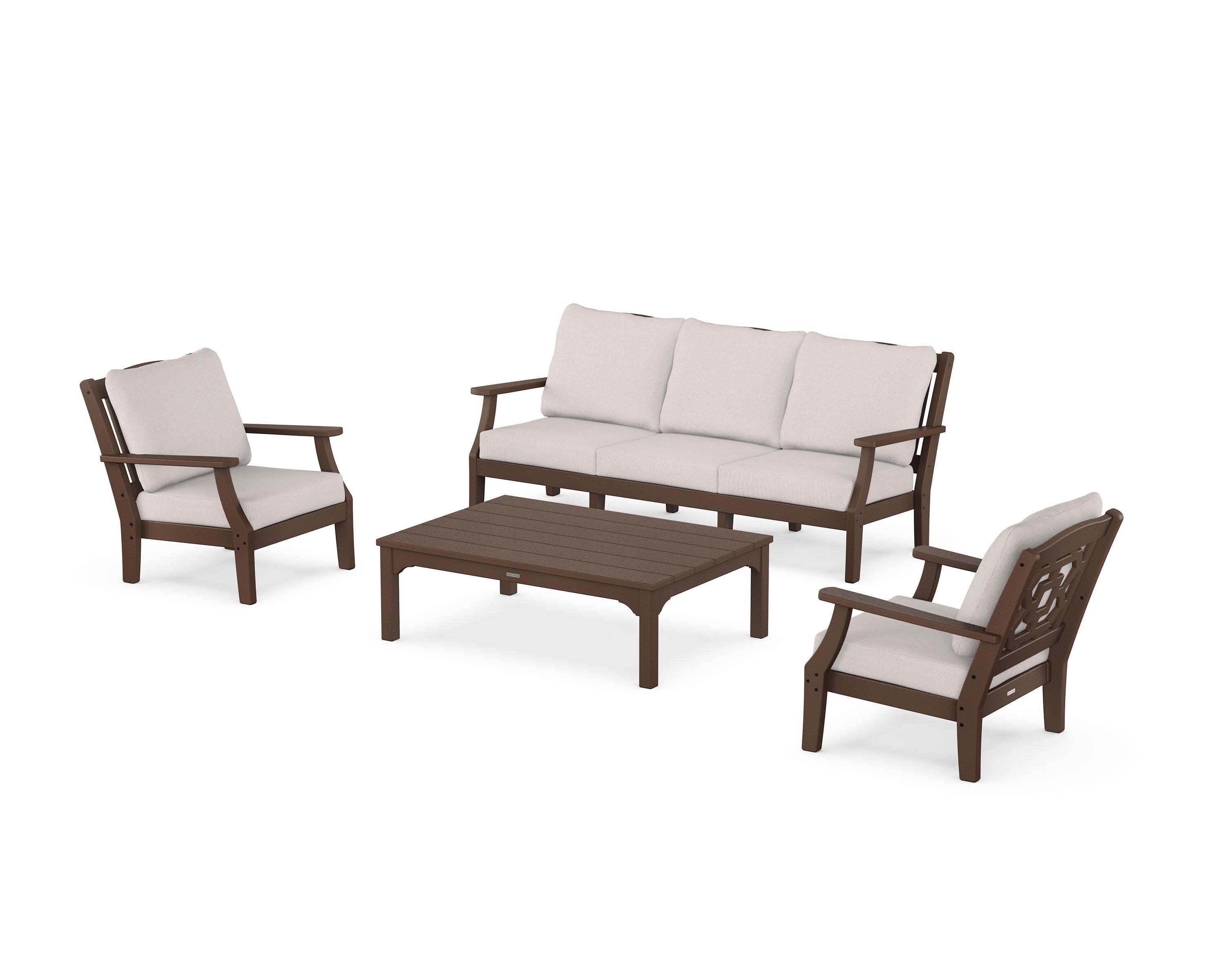 Chinoiserie 4-Piece Deep Seating Set with Sofa in Mahogany / Dune Burlap