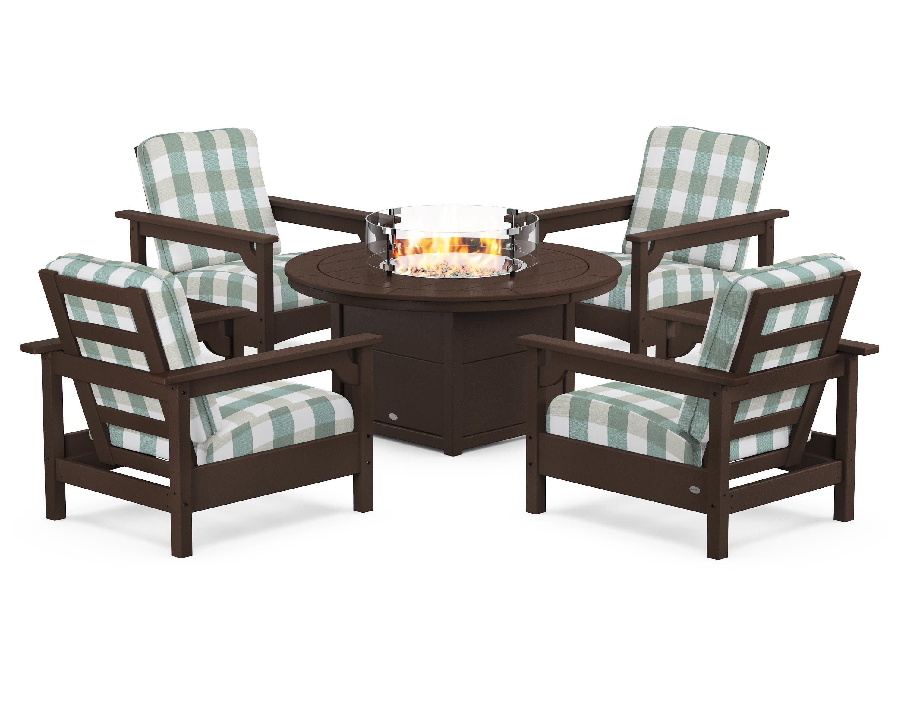 Club 5-Piece Conversation Set with Fire Pit Table in Mahogany / Buffalo Plaid Glacier Spa