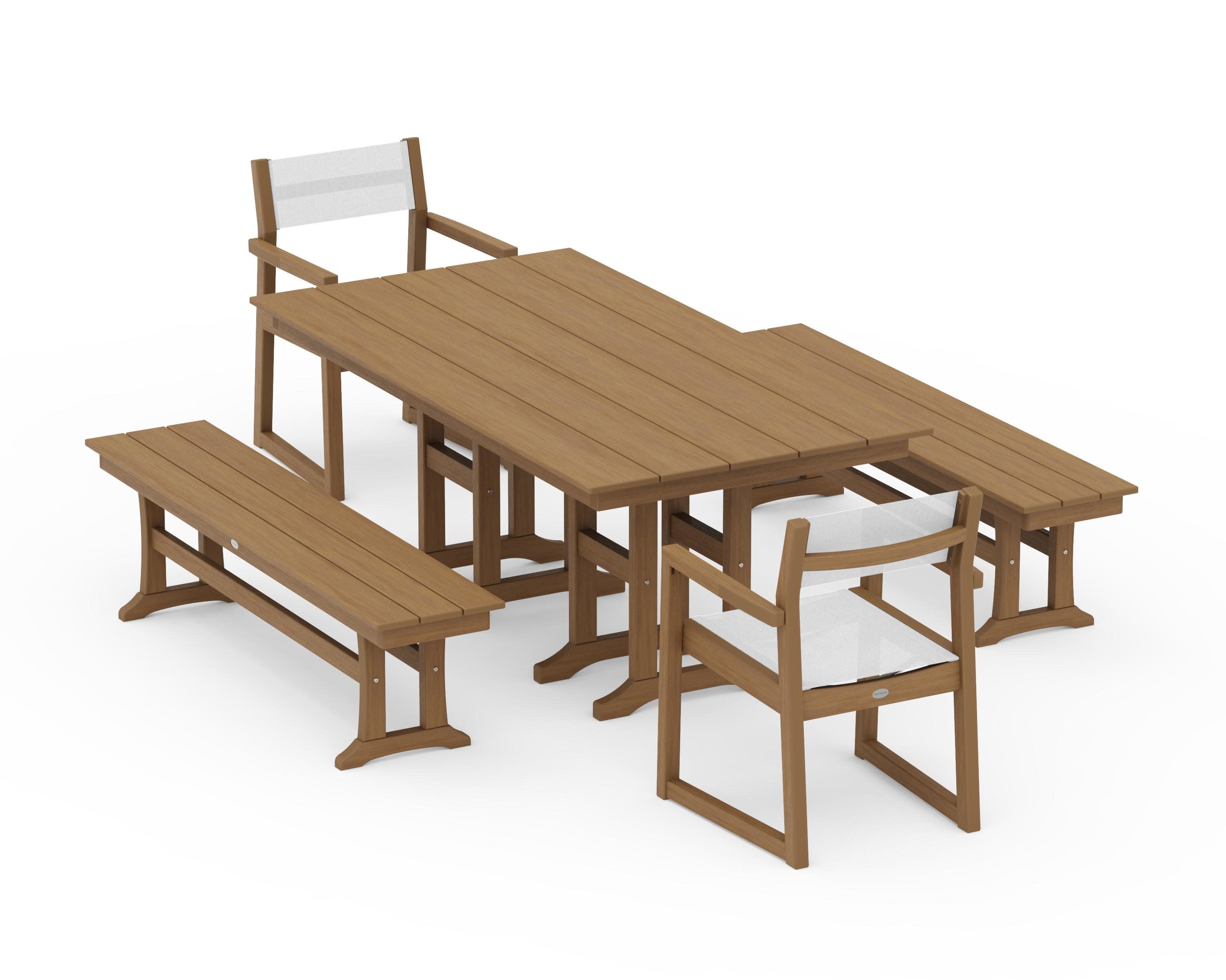 EDGE Sling Arm Chair 5-Piece Farmhouse Dining Set with Benches in Natural / White Sling