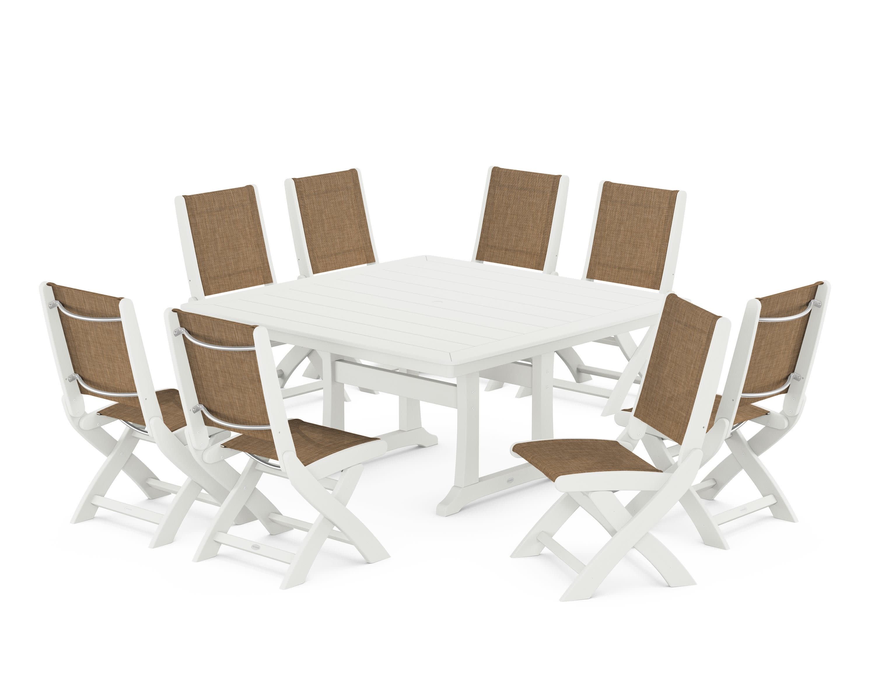 Coastal Folding Side Chair 9-Piece Dining Set with Trestle Legs in Vintage White / Burlap Sling