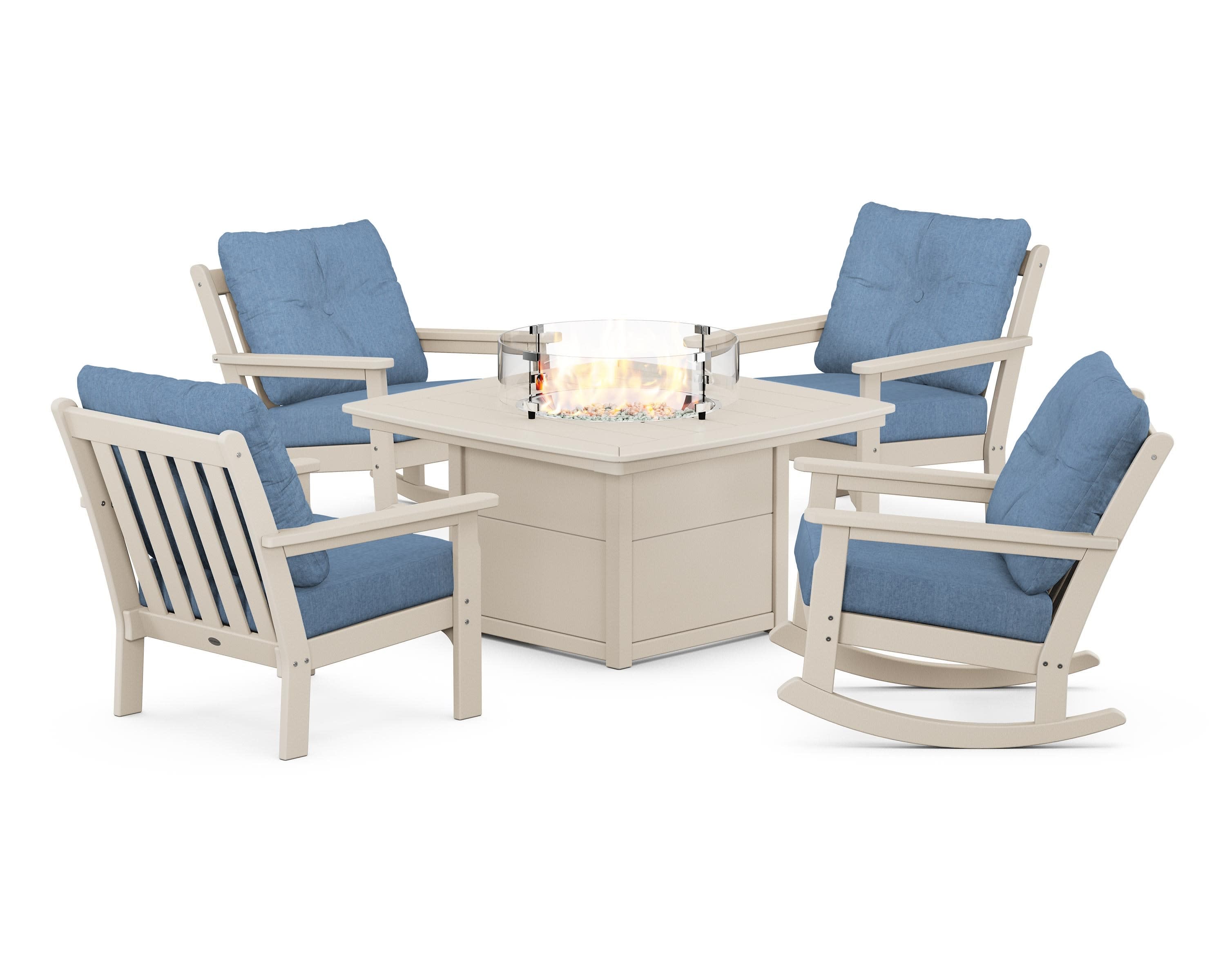 Vineyard 5-Piece Deep Seating Rocking Chair Conversation Set with Fire Pit Table in Sand / Sky Blue