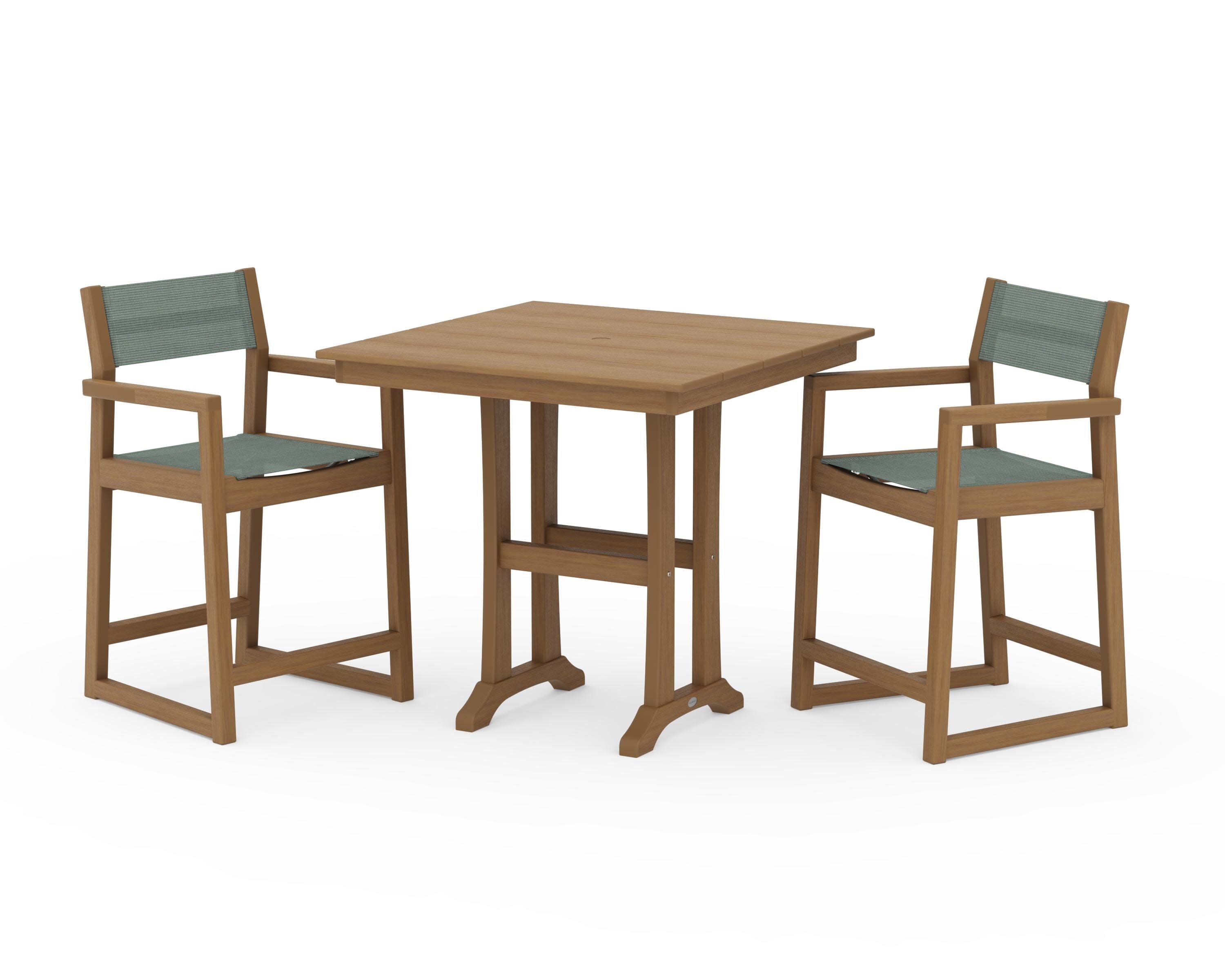EDGE Sling Arm Chair 3-Piece Farmhouse Counter Set with Trestle Legs in Natural / Dupioni Sea Mist Sling